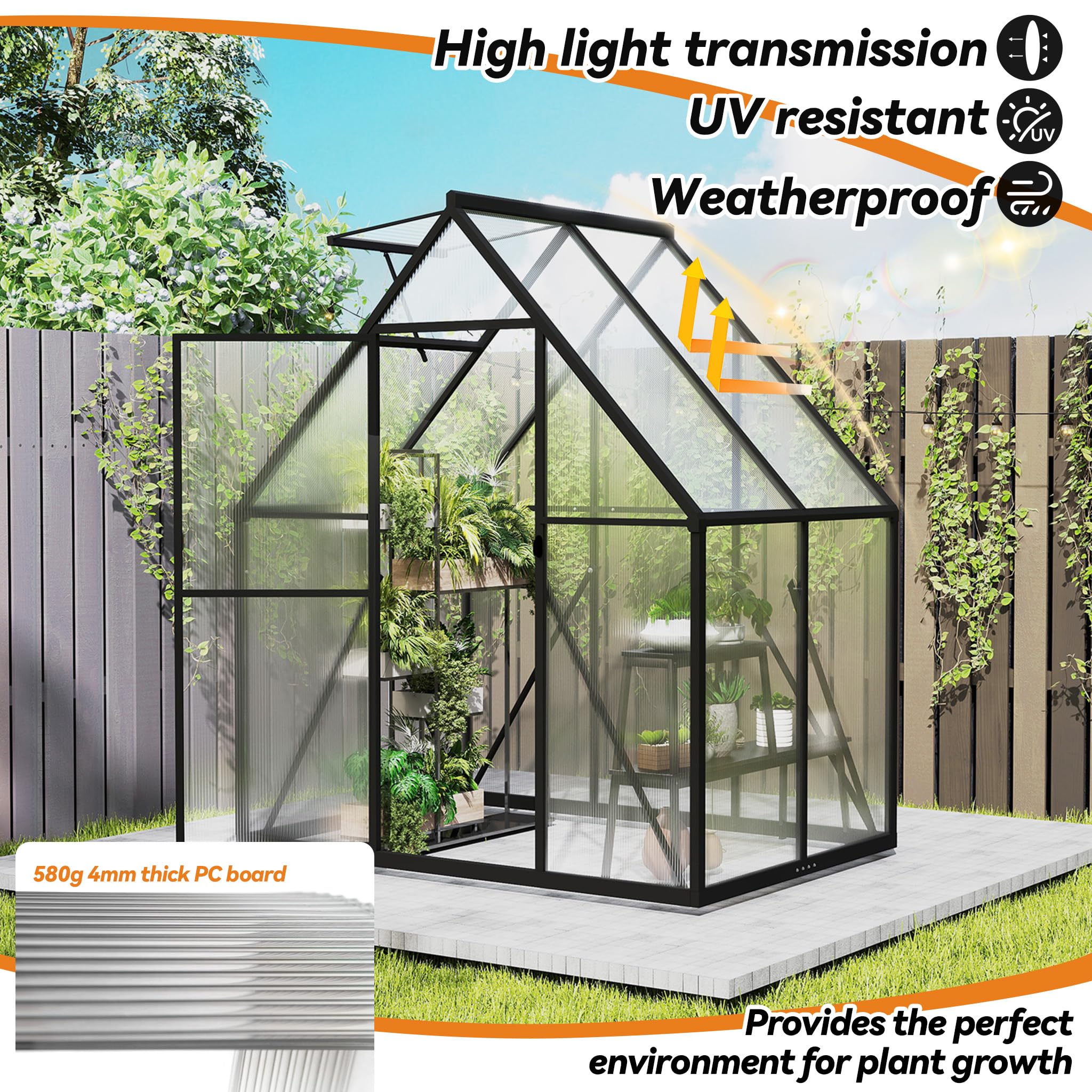 ACXIN Gewächshaus für Garten, Aluminium Treibhaus, Tomatenhaus & Pflanzenhaus mit Fundament, Dachfenster, PC-Platten, Bodenanker, Eisenverstärkung, 125x180x195cm Frühbeet, Wetterfest & UV-beständig