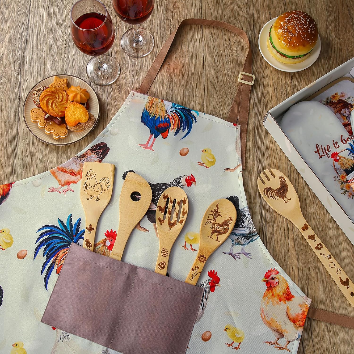 10 Pcs Chicken Kitchen Gift Set for Women Valentines Day Include Apron Oven Mitts Pot Holder Dish Towel Cooking Utensil Kit - Image 5