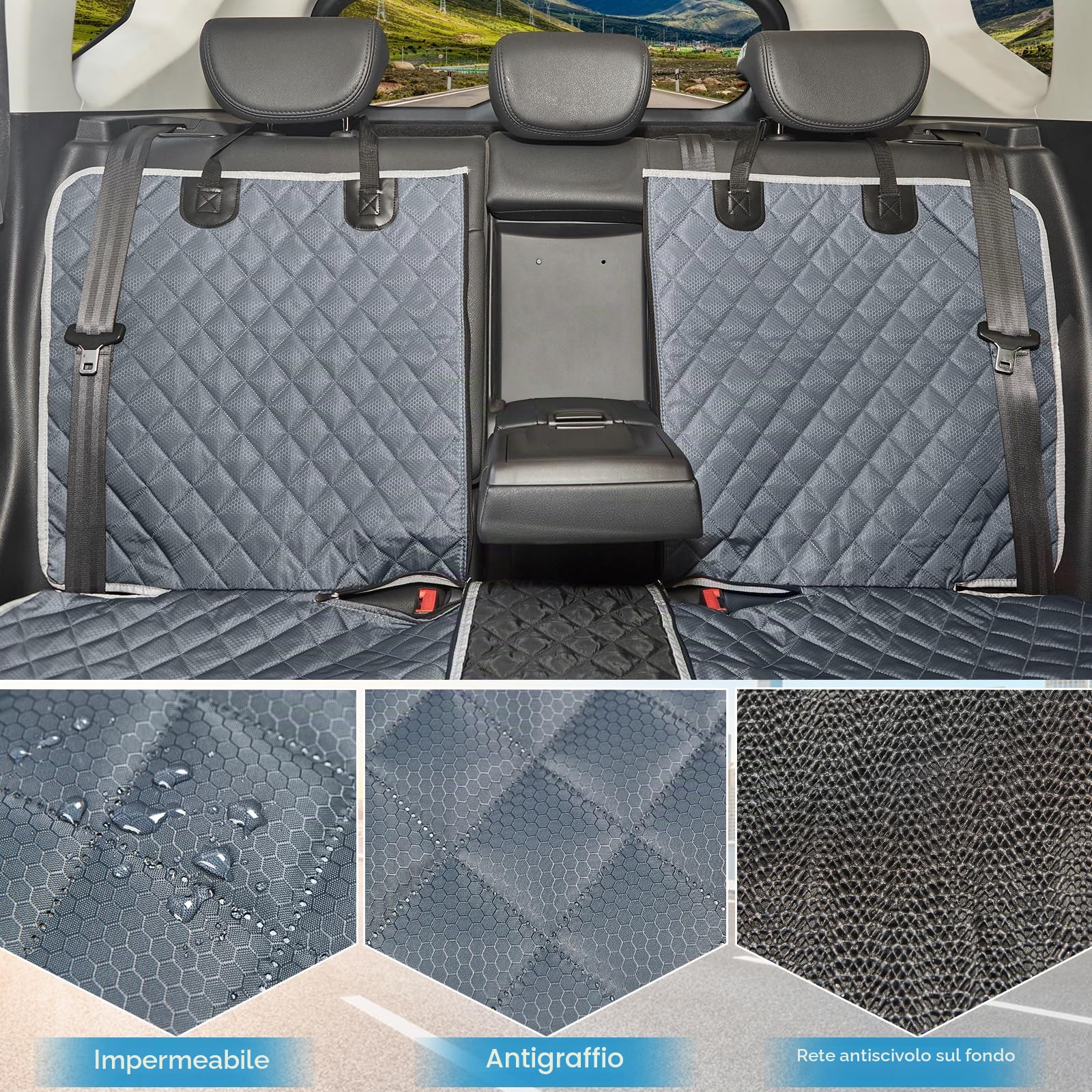ANOSOSPECIAL Coprisella per sedile posteriore per auto, impermeabile, con cintura di sicurezza, antigraffio, per cani, sedile posteriore per bambini, universale(Grigio, ISOFIX Large)
