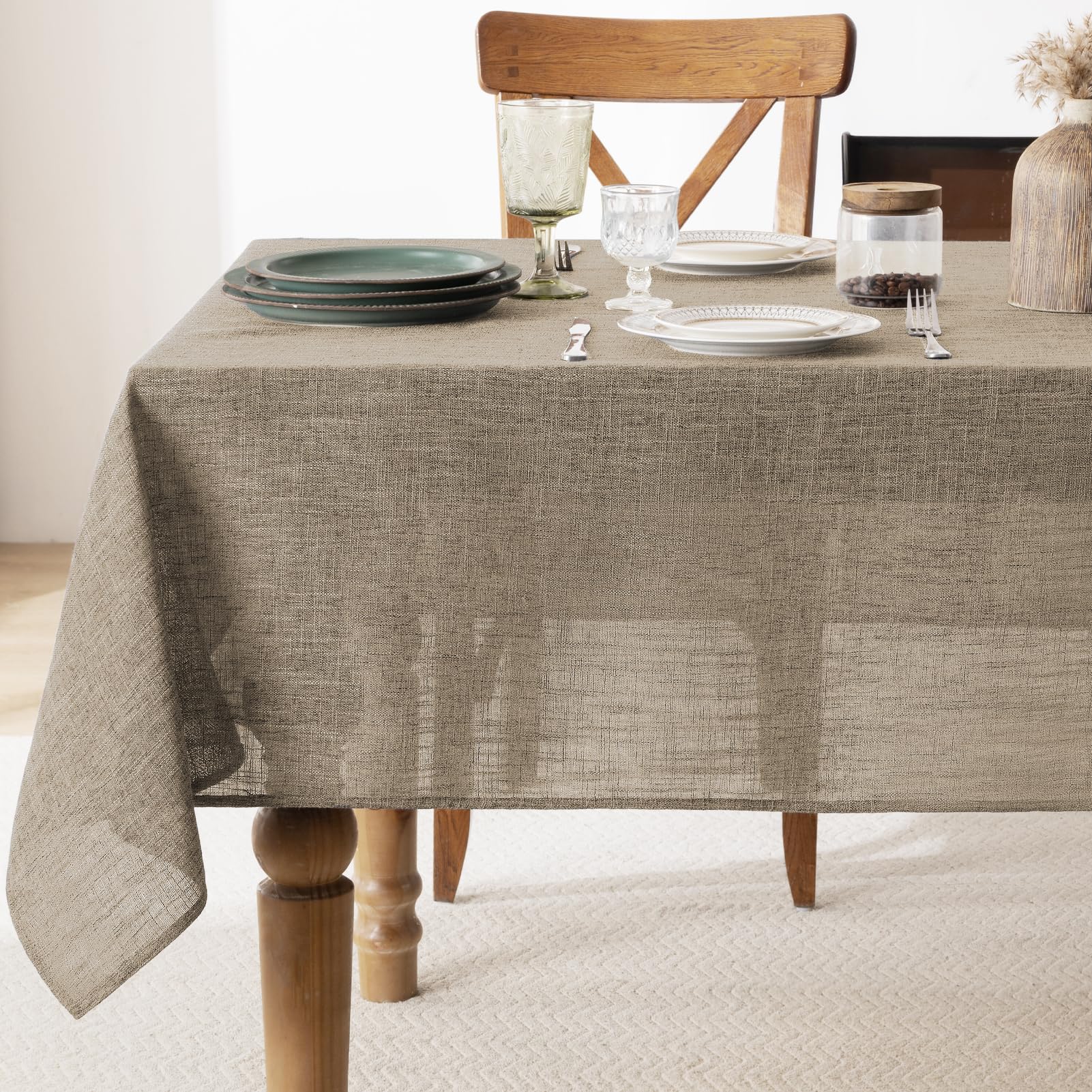 FIBORIA Brown Table Cloth Faux Linen Rectangular 140x200 cm Wipe Clean Water Resistant Tablecloth Stain Proof Washable Table Cover for Dining Birthday Kitchen Party Picnic Garden Decor, 55x78 inch — image 1