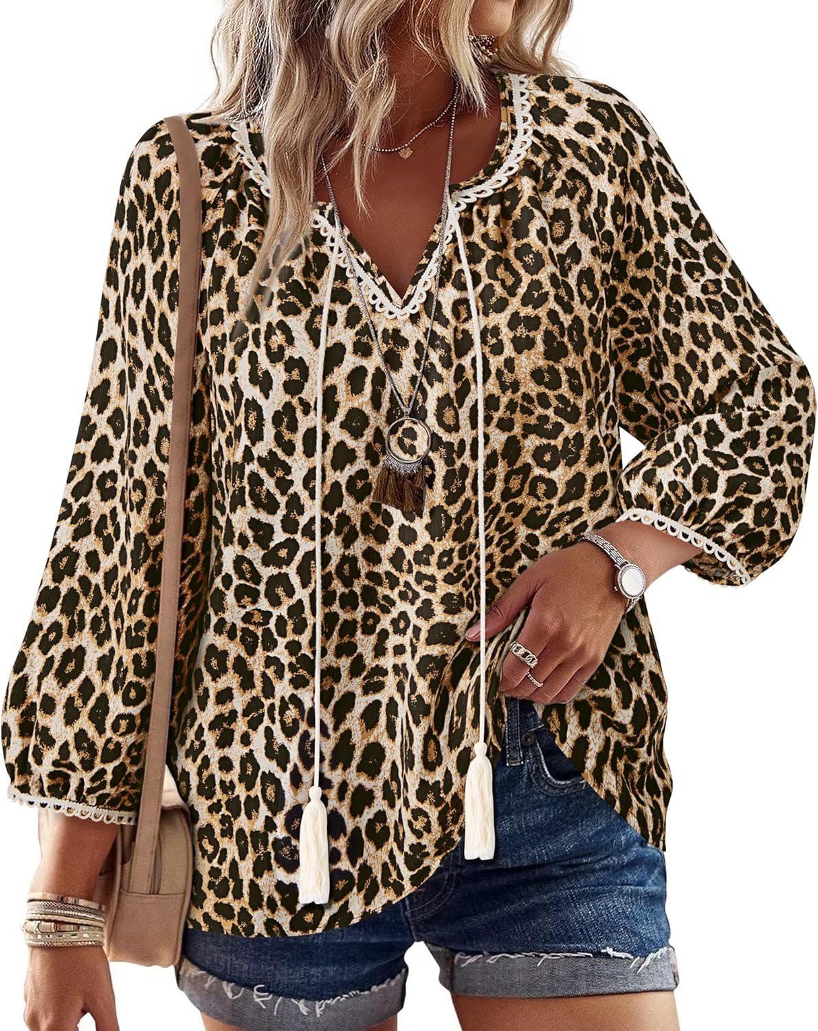 Vivilli Womens Boho Tops Casual V Neck 3/4 Sleeve Blouses Floral Print Shirt Tie Front Flowy Vacation Clothes - Image 2