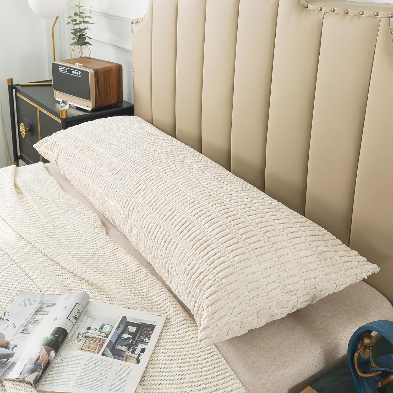 Pack of 1 Corduroy Soft Soild Decorative Square Body Pillow Covers Set Cushion Cases Pillowcases for Sofa Bedroom 20 x 54 Inch 51 x 137 cm (Body Size, Beige White) - Image 3