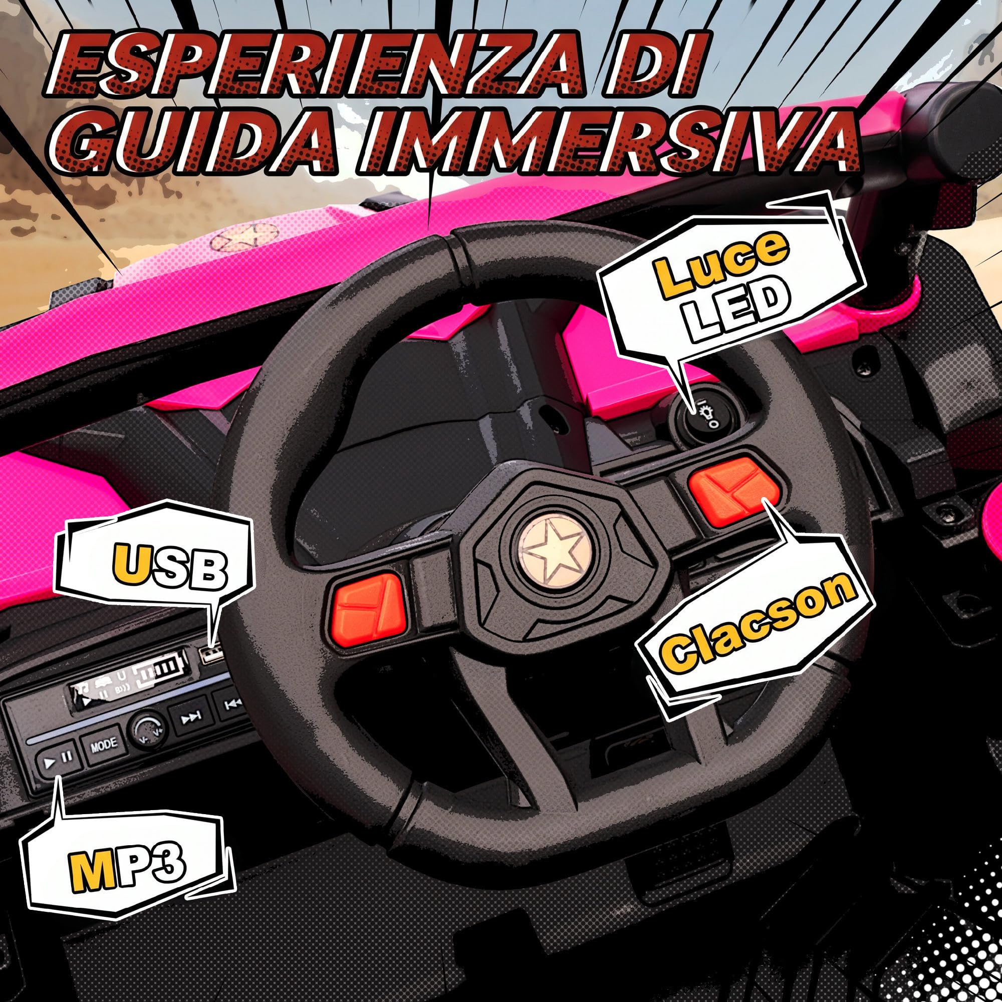 AIYAPLAY Macchina Elettrica per Bambini UTV 12V con 2 Motori e Luci, Rosa