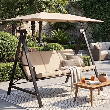 3-Seat Outdoor Patio Swing Chair, Convertible Flatbed Swing with Adjustable Canopy, Heavy-Duty Triangular Frame Porch Swing with Cushions for Garden, Backyard, Balcony, A-Frame, Khaki
