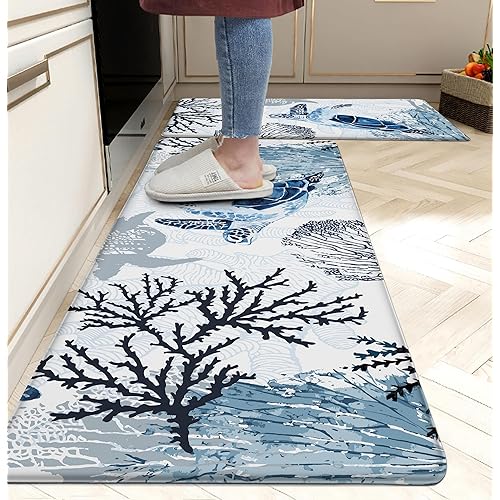 Coastal Beach Kitchen Floor Mat Rugs Nautical Decorative Coral Sea Turtle Kitchen Rugs Anti Fatigue Mats Non-Slip Comfort Standing Cushioned for Kitchen 17.3" 28" + 17.3" x 47" Set 2 Pcs Navy Blue