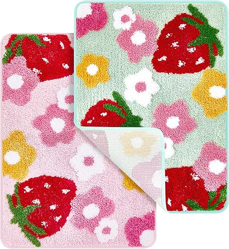 Tapete de baño de 2 piezas suave y acogedor, absorbente, lindo, antideslizante, de felpa, lavable, tapete de piso con flores, decoración de baño
