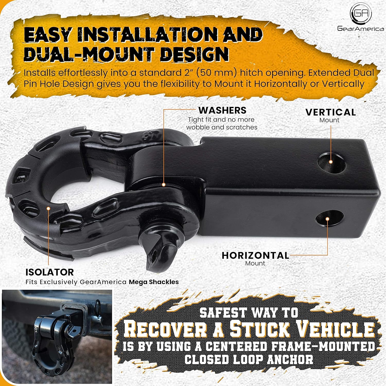 GearAmerica Aluminum Mega Shackle Hitch Receiver 2"x2" + Recovery Tow Strap 4" x 30' 45,000 lbs Strength + Mega Shackles Black 2PK 68,000 lbs Capacity