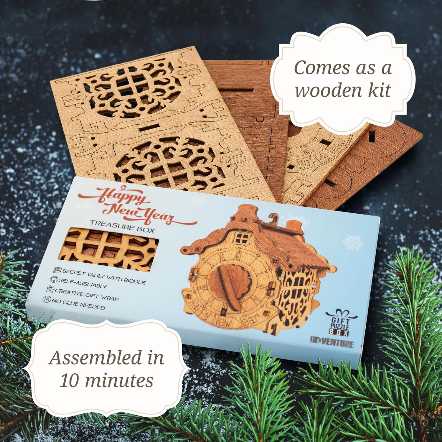 iDventure Happy New Year Treasure Box - Wooden 3D Puzzle with a Secret - Christmas Decoration Tree Toy - Cryptex - Gift Money Box for Cash - Escape Room Game