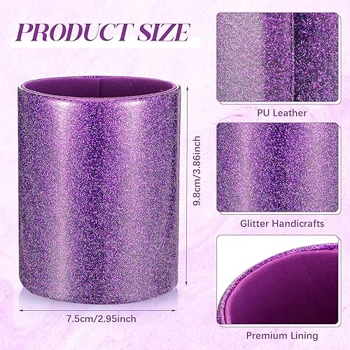 Miniatura 2 de Sabary 8 bolígrafos morados con soporte para bolígrafo para escritorio, con purpurina de cristal de diamante, bonito soporte para lápices,