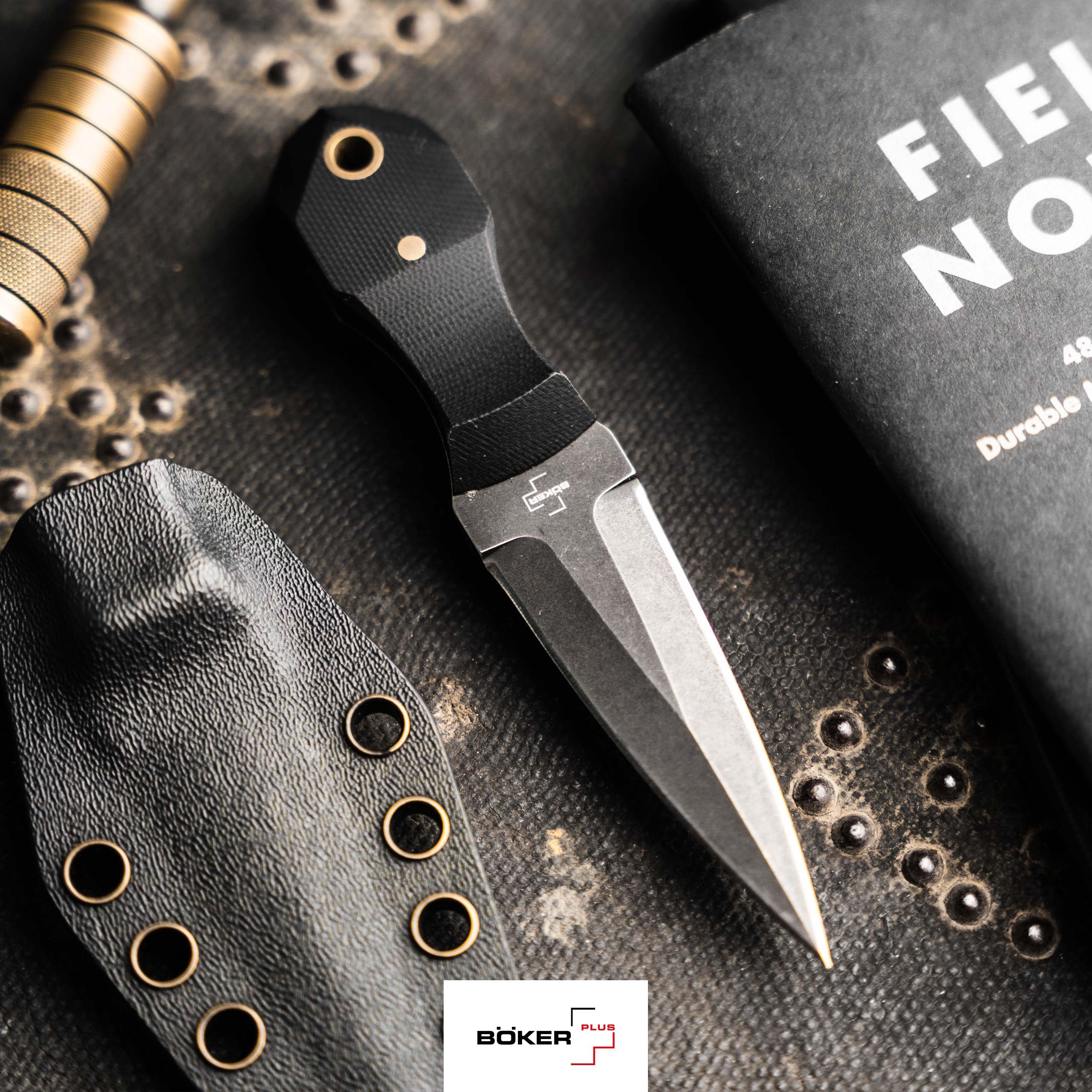 BÖKER PLUS - Pocket Rocket - Mini Neck Knife klein - Profi Fulltang Messer mit zweischneidiger D2 Klinge 7 cm - Halsmesser mit Kydex-Scheide & Kugelkette schwarz - Dolch Nackenmesser G10