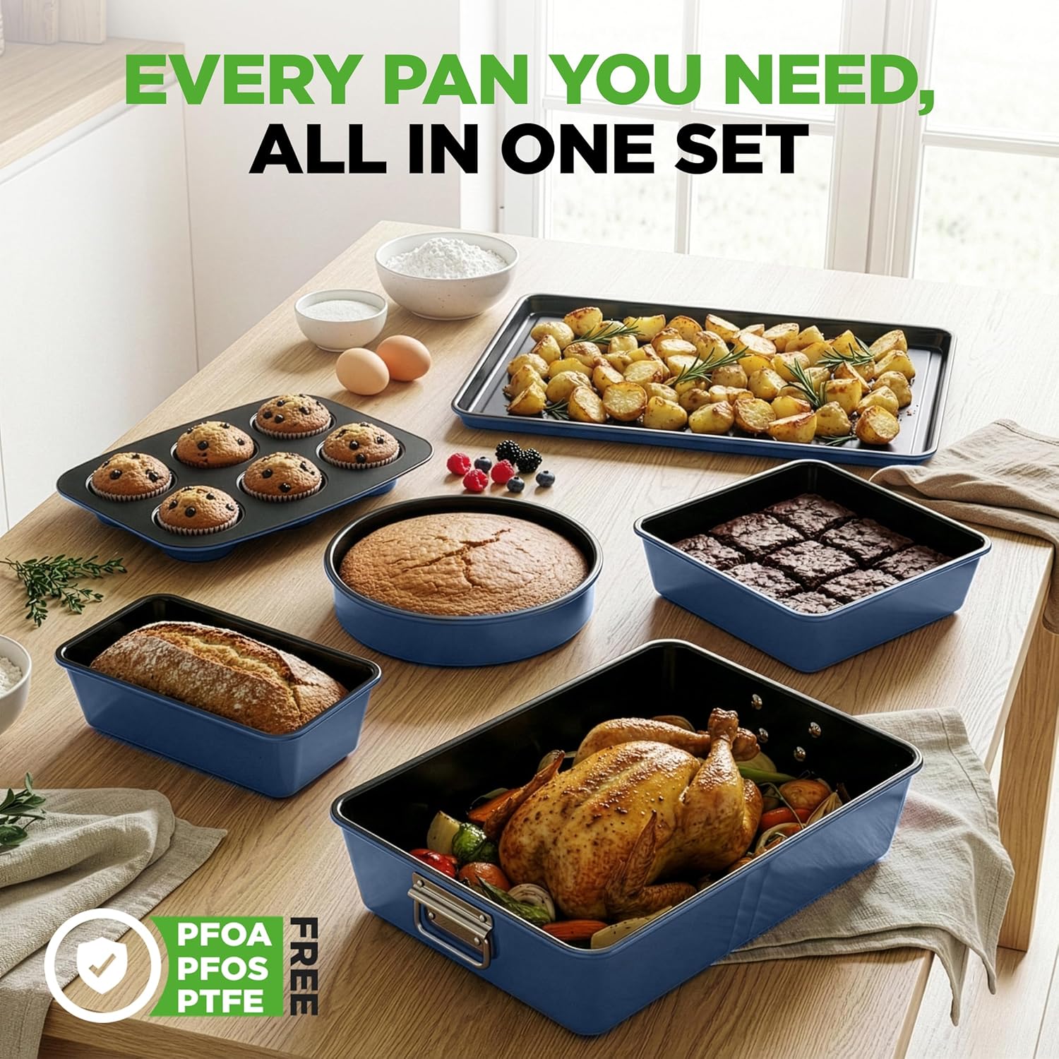 NutriChef 8-Piece Nonstick Bakeware Set - Baking Tray Set w/Non-Stick Coating, 450°F Oven Safe, Round Cake, Loaf, Muffin, Wide/Square Pans, Cookie Sheet (Blue)