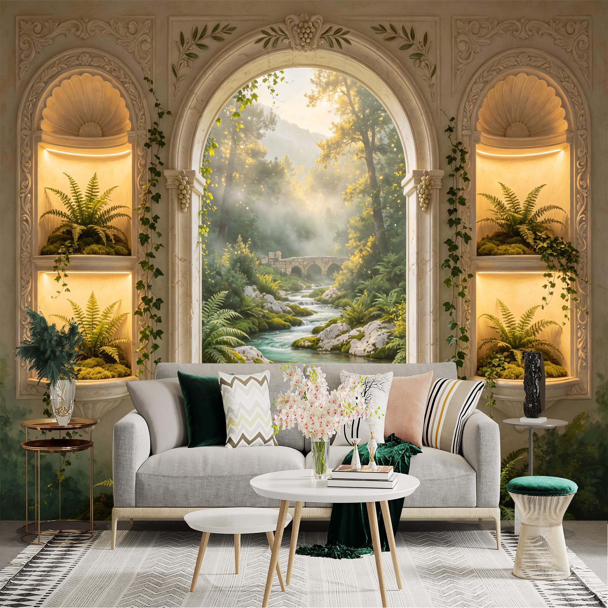 Lnzczhyre Dbh260521592 Custom Size Wall Sticker Mural， Arch Window View， Misty Forest Stream， Stone Bridge And Ferns， For Wall Decoration， Peelandstick Wall Decals.
