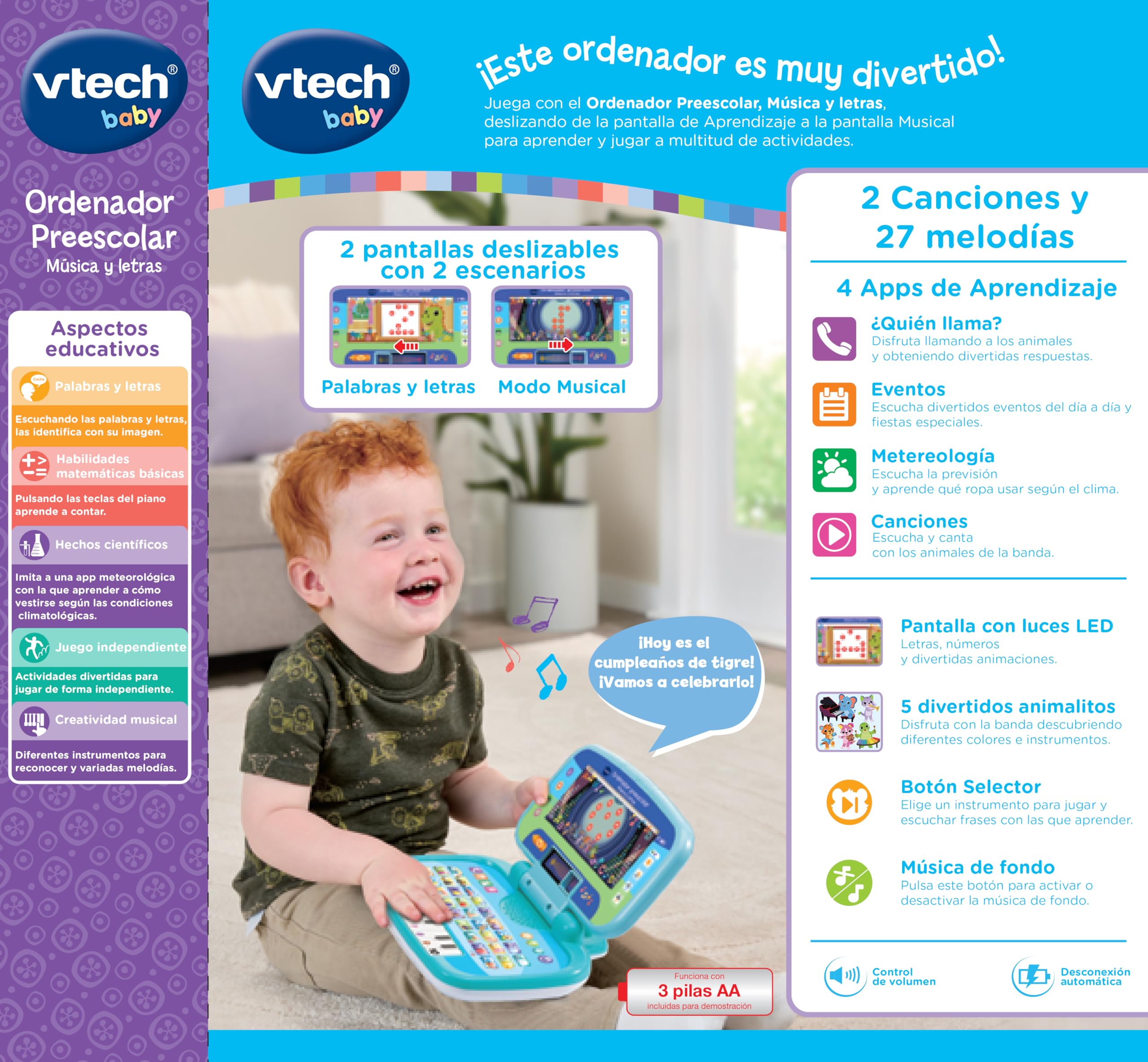 VTech-Baby Ordenador Preescolar Música y Letras, Ordenador Infantil, Fomenta Aprendizaje Alfabeto, Números, Letras, Música, 2 Modos de Juego, Regalo niños +1.5 años, Versión ESP