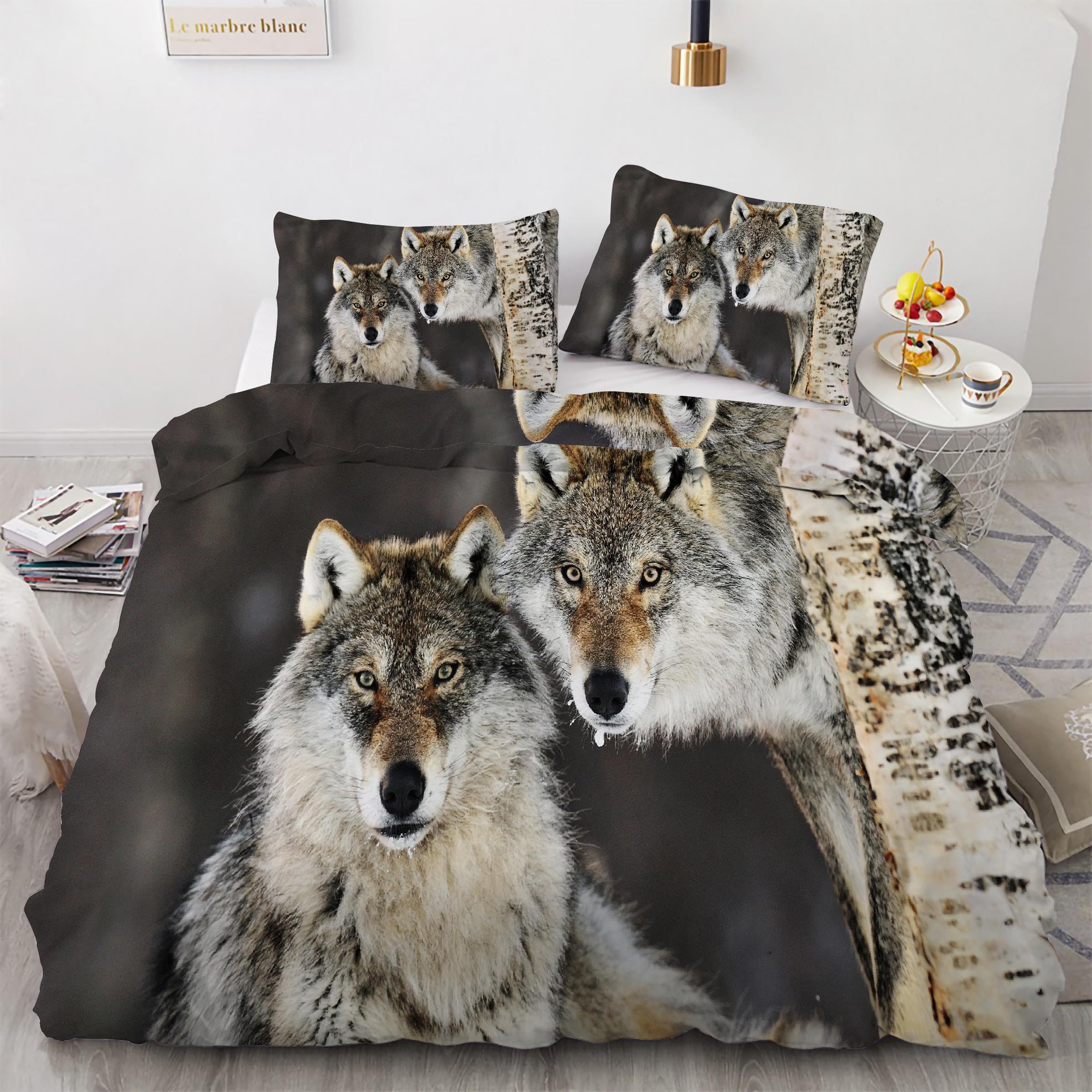 Housse de Couette 240 x 260 Motif Loup Douce et Facile à Fermer
