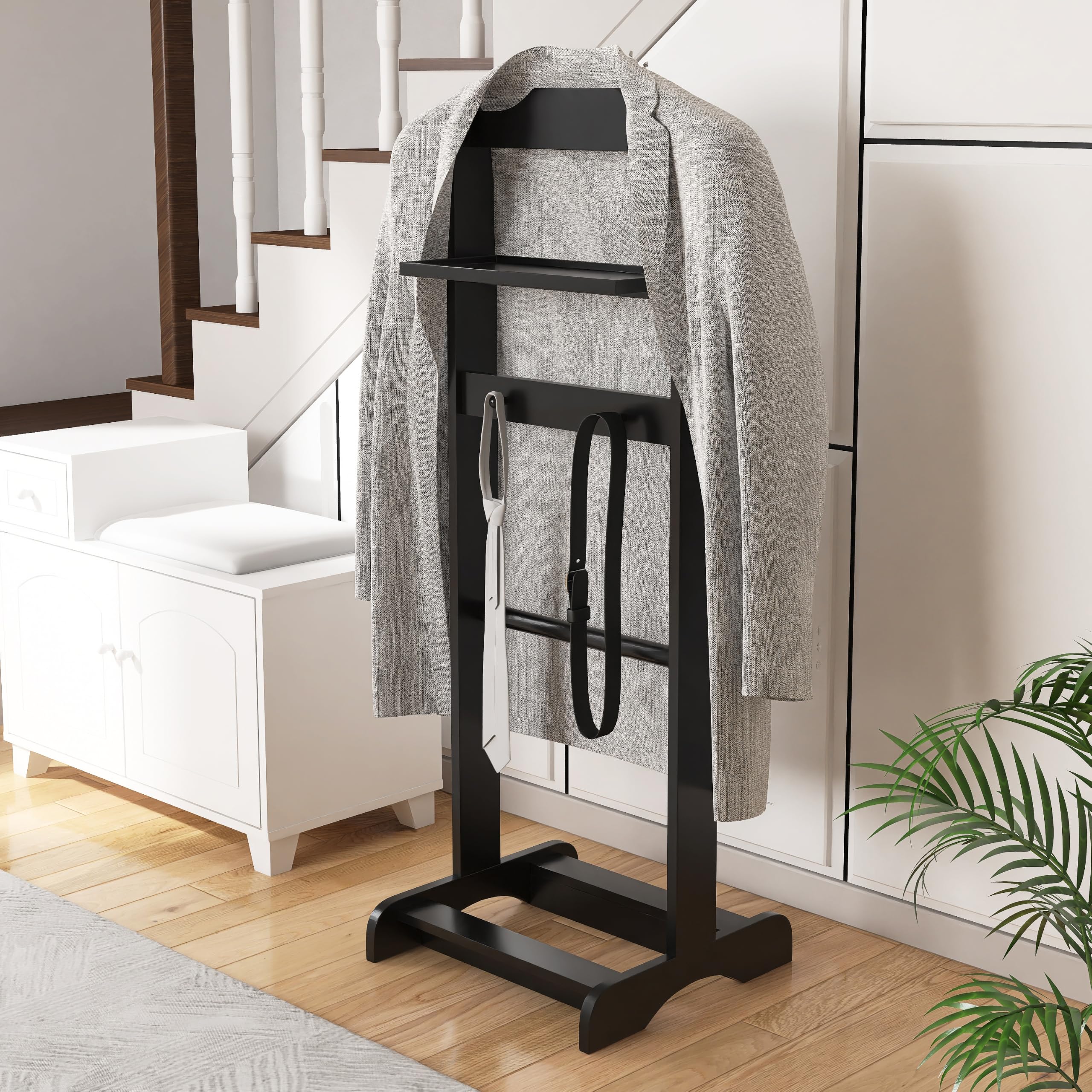 Suit Valet Stand for Men, Wooden Clothes Rack with Tray, Black