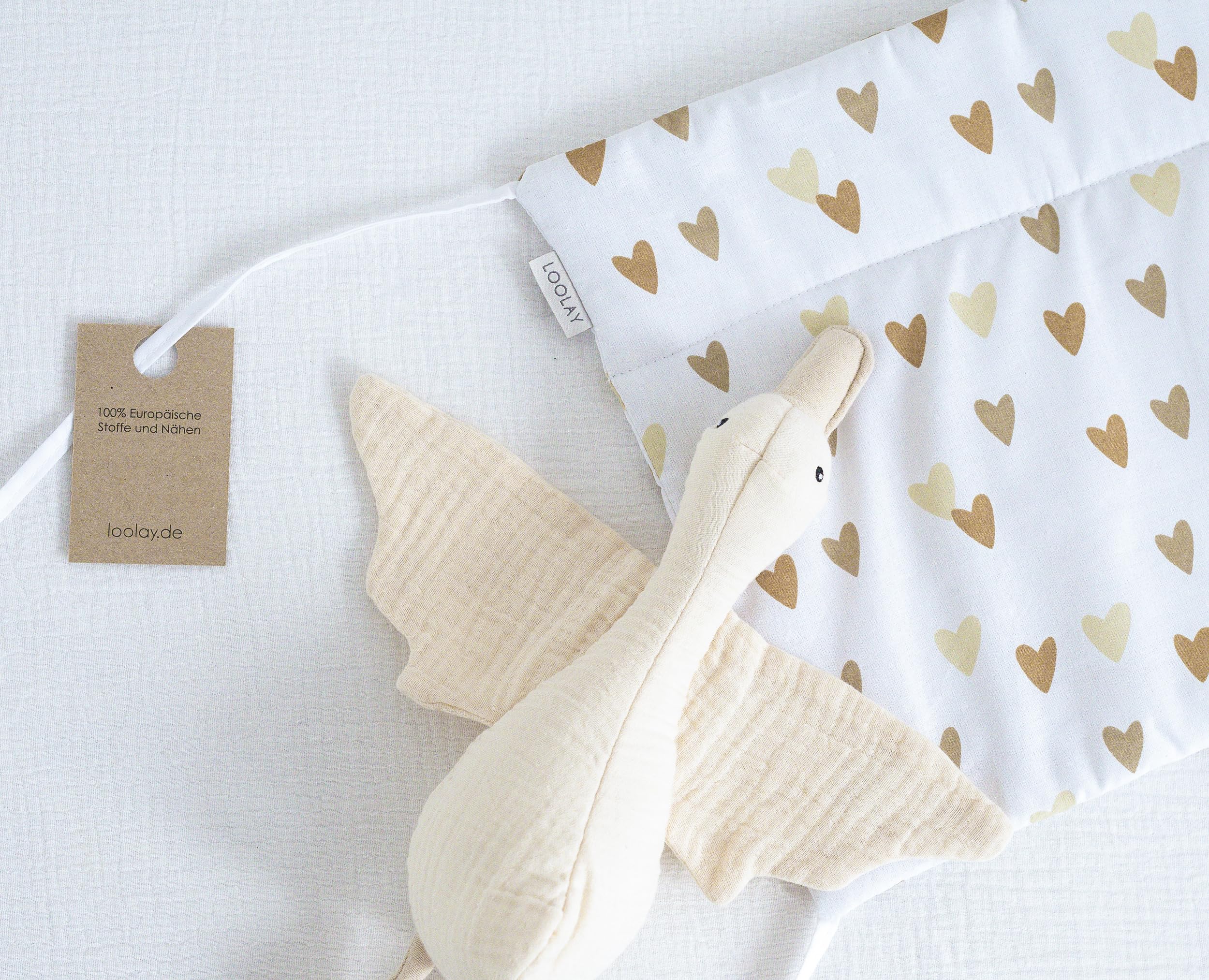 LOOLAY BEIGE BRAUN Herz Herzchen 420, 360, 210, 180 x 30 cm für 140 x 70 oder 120 x 60 cm Baumwolle Netzstoff Handmade - PASST NUR ZU DEN ANGEGEBENEN GRÖSSEN ! (360 cm)