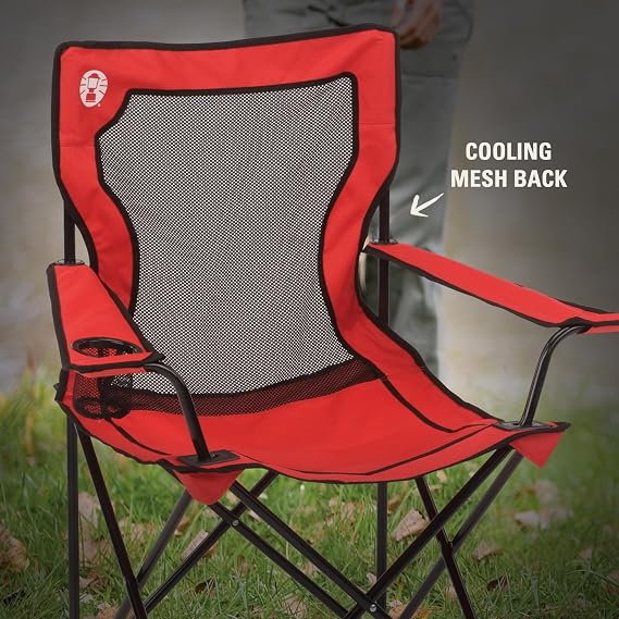 Coleman Broadband Mesh Quad Camping Chair with Carry Bag & Cup Holder, Cooling Mesh Back with Adjustable Arms, Great for Camping, Tailgating, Firepits, Patio, More