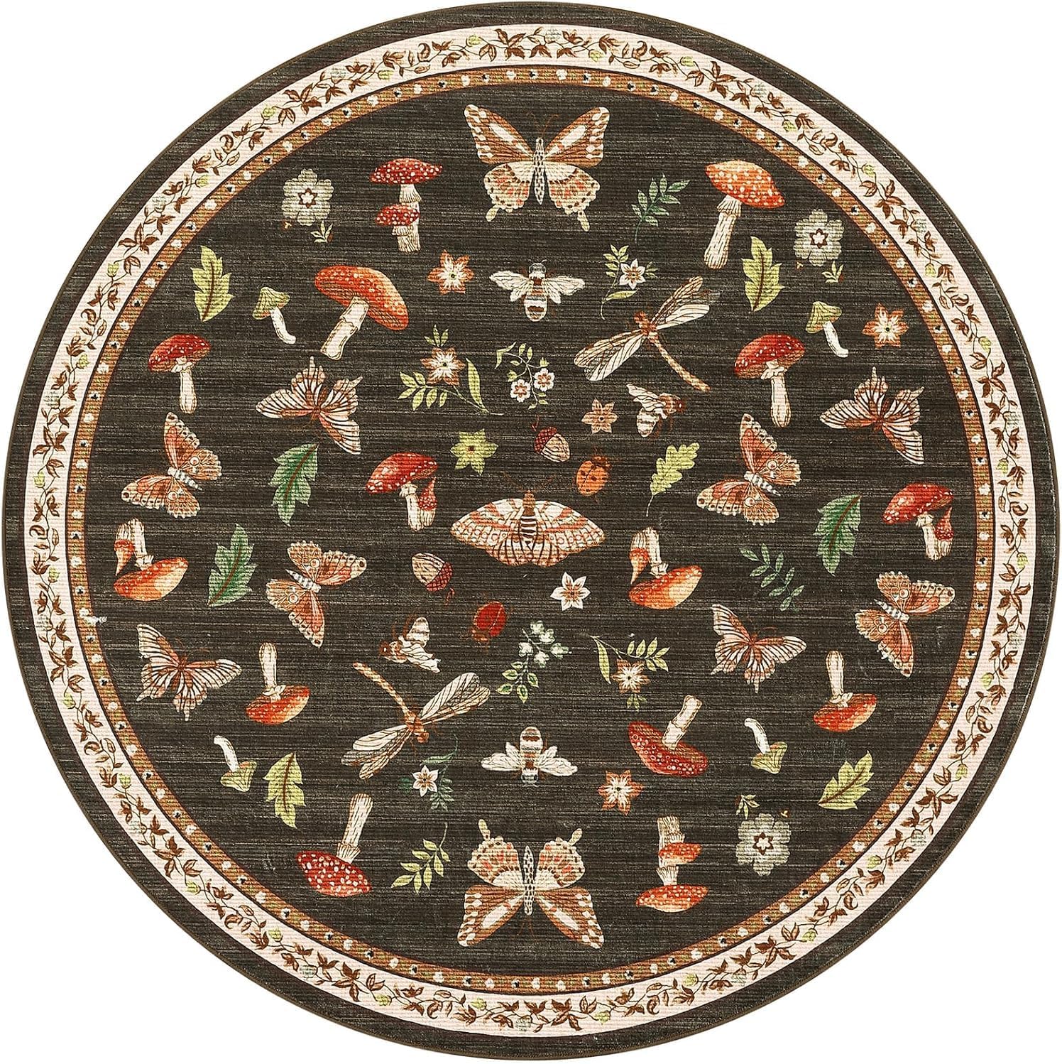 Mushroom Insect 5ft Round Rug Washable Non-Slip Soft Ultra-Thin Small Boho Circle Carpet for Entryway Kitchen Bedroom Nursery Dining Room Brown