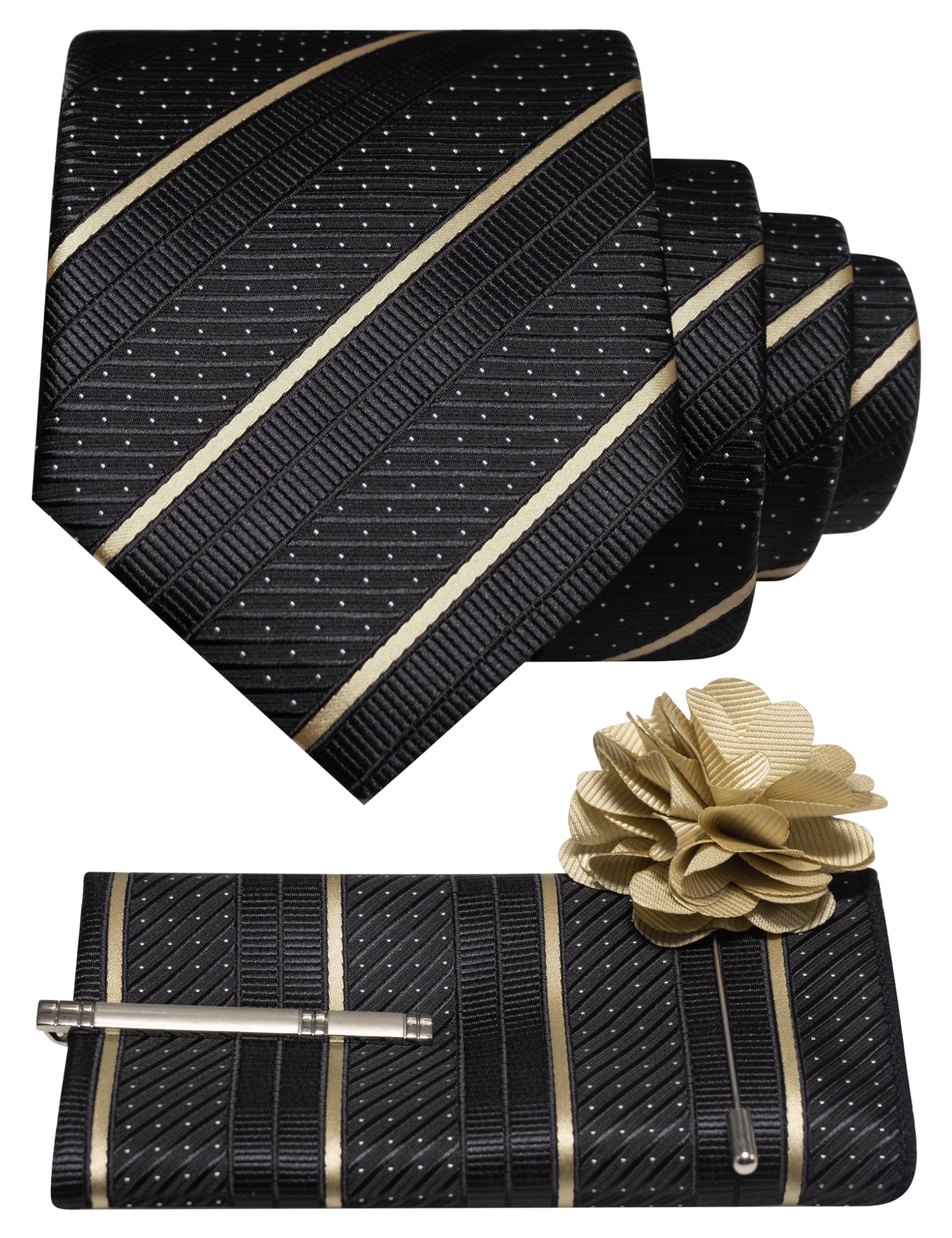 JEMYGINS Mens Champagne Striped Tie and Lapel Pin Necktie