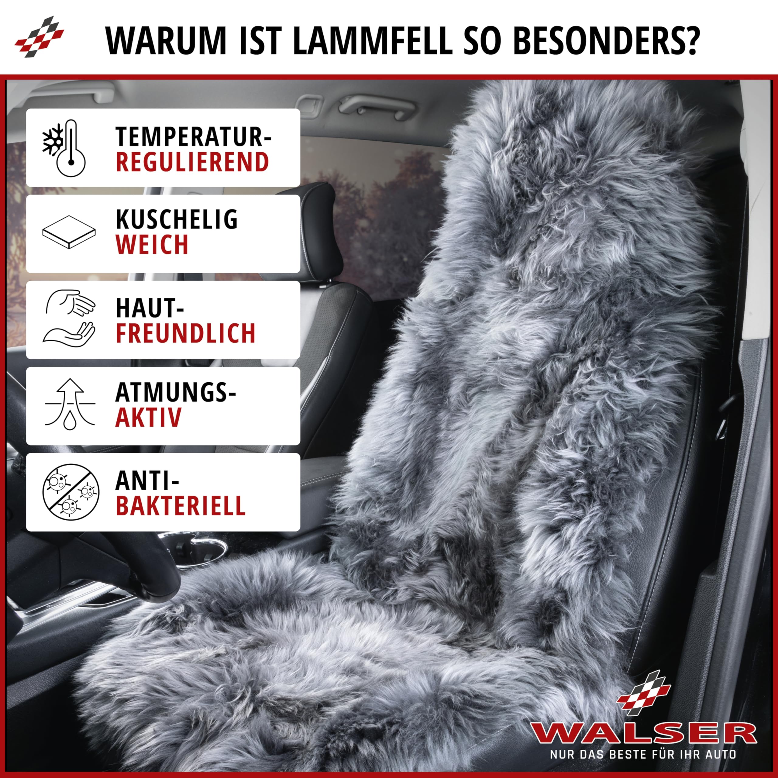 Walser Marla Premium nakładka na fotel samochodowy, 100% skóra jagnięca, wysokość 5 cm, kolor antracytowy