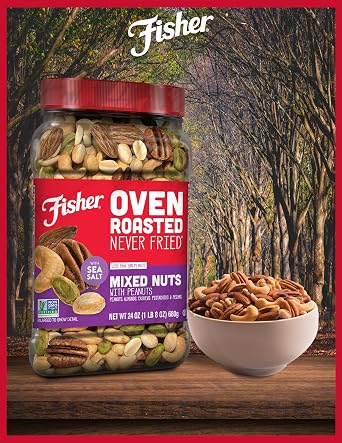 Fisher Oven Roasted Never Fried Mixed Nuts with Peanuts, 24 Ounces (Pack of 1), Peanuts, Almonds, Cashews, Pistachios, Pecans, Trail Mix, Healthy Snacks for Adults, Made With Sea Salt, No Added Oils