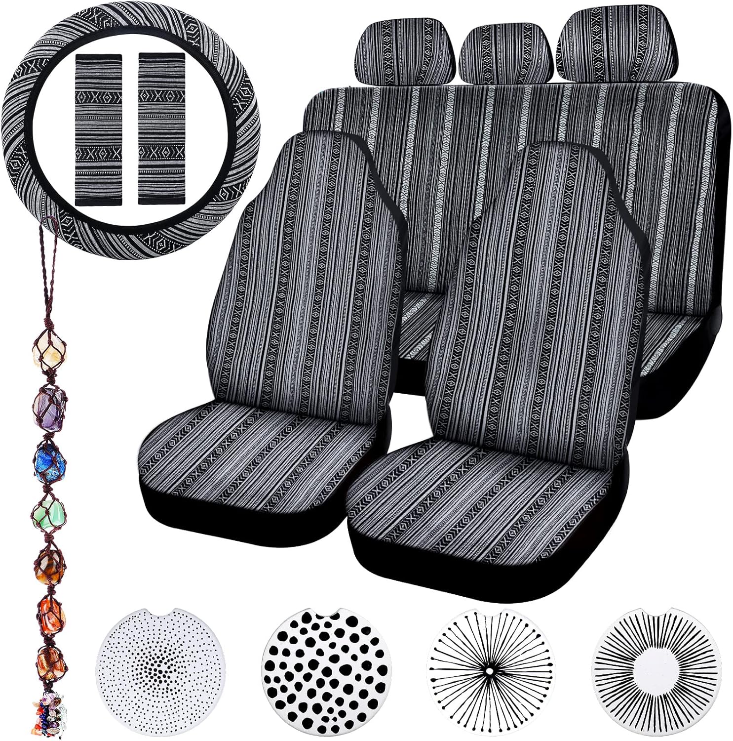 Frienda 14 Pcs Baja Car Seat Covers Full Set Multicolor Stripe Boho Print Steering Wheel Cover Seat Belt Cover Crystal Hanging Ornament Car Holders Fits (Vintage Style)