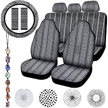 Frienda 14 Pcs Baja Car Seat Covers Full Set Multicolor Stripe Boho Print Steering Wheel Cover Seat Belt Cover Crystal Hanging Ornament Car Holders Fits Vintage Style