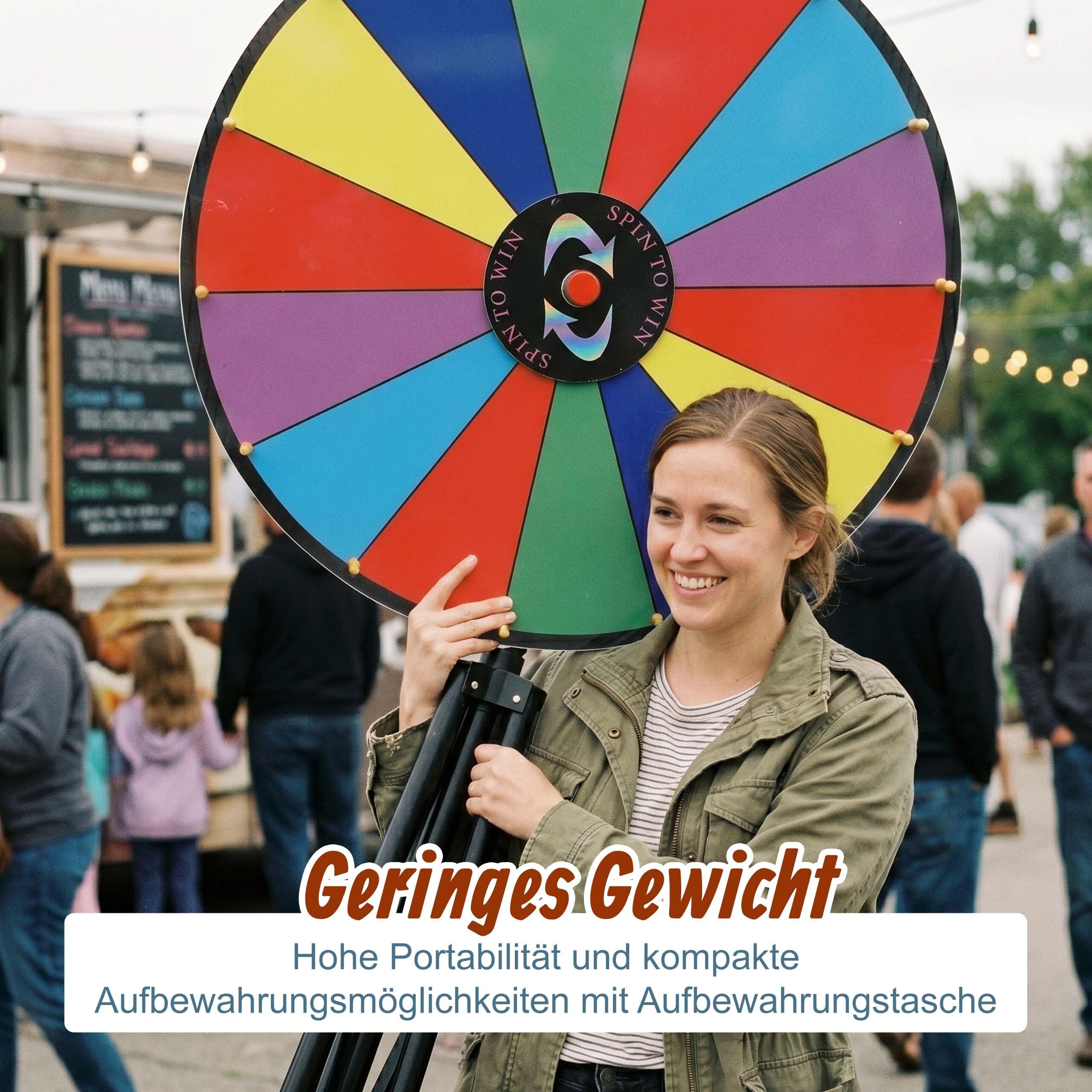 Relaxdays Glücksrad mit Stativ, 60 cm, höhenverstelbar, 14 Slots, beschreibbar & abwischbar, Gewinnrad mit Tasche, bunt