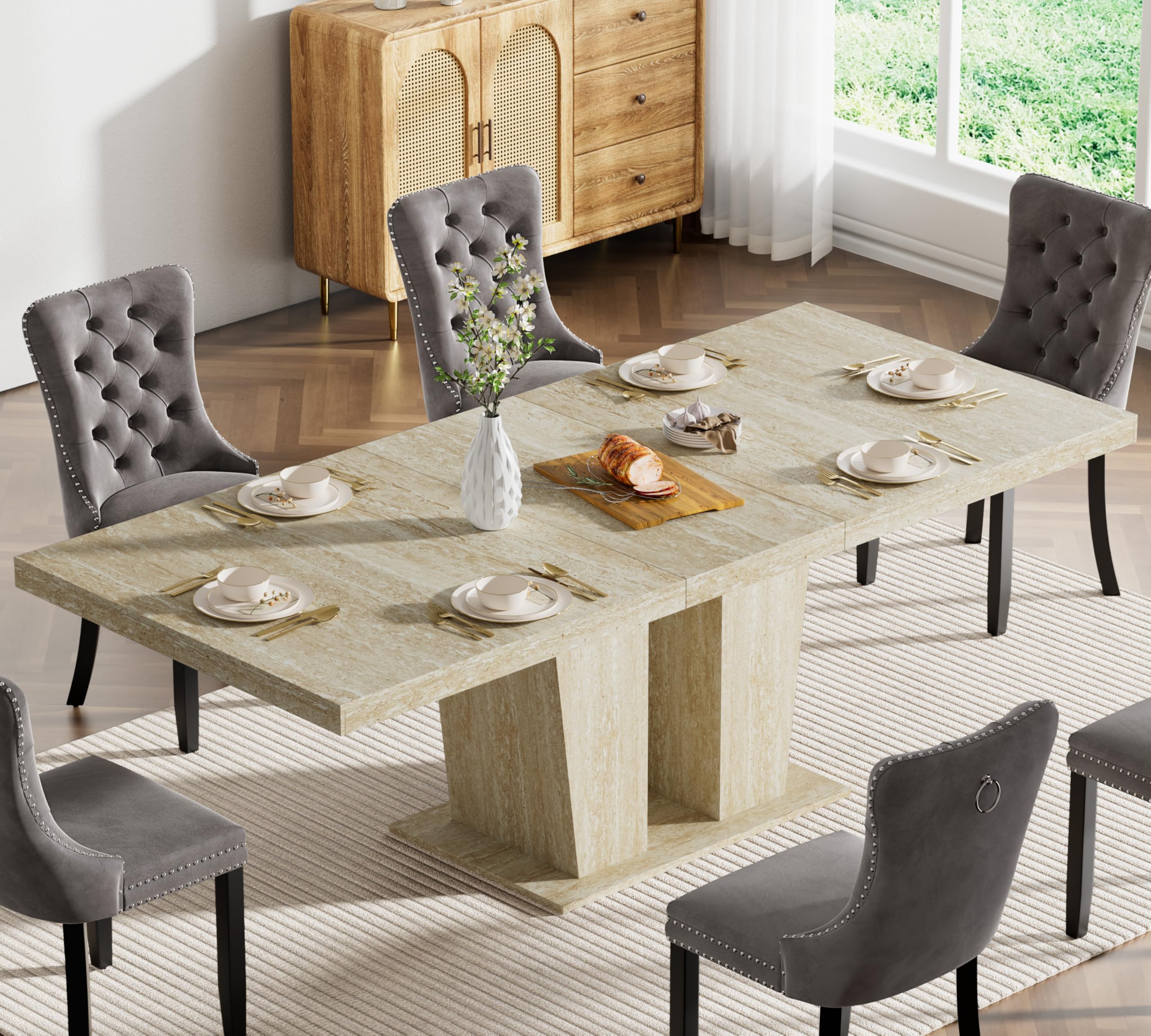 78.74" Rectangular Extendable Dining Room Table for 6 8 10, Modern Faux Travertine Farmhouse Wooden Kitchen Conference Expanding Table with Dual Columns Base, Long Large Expandable, White Oak