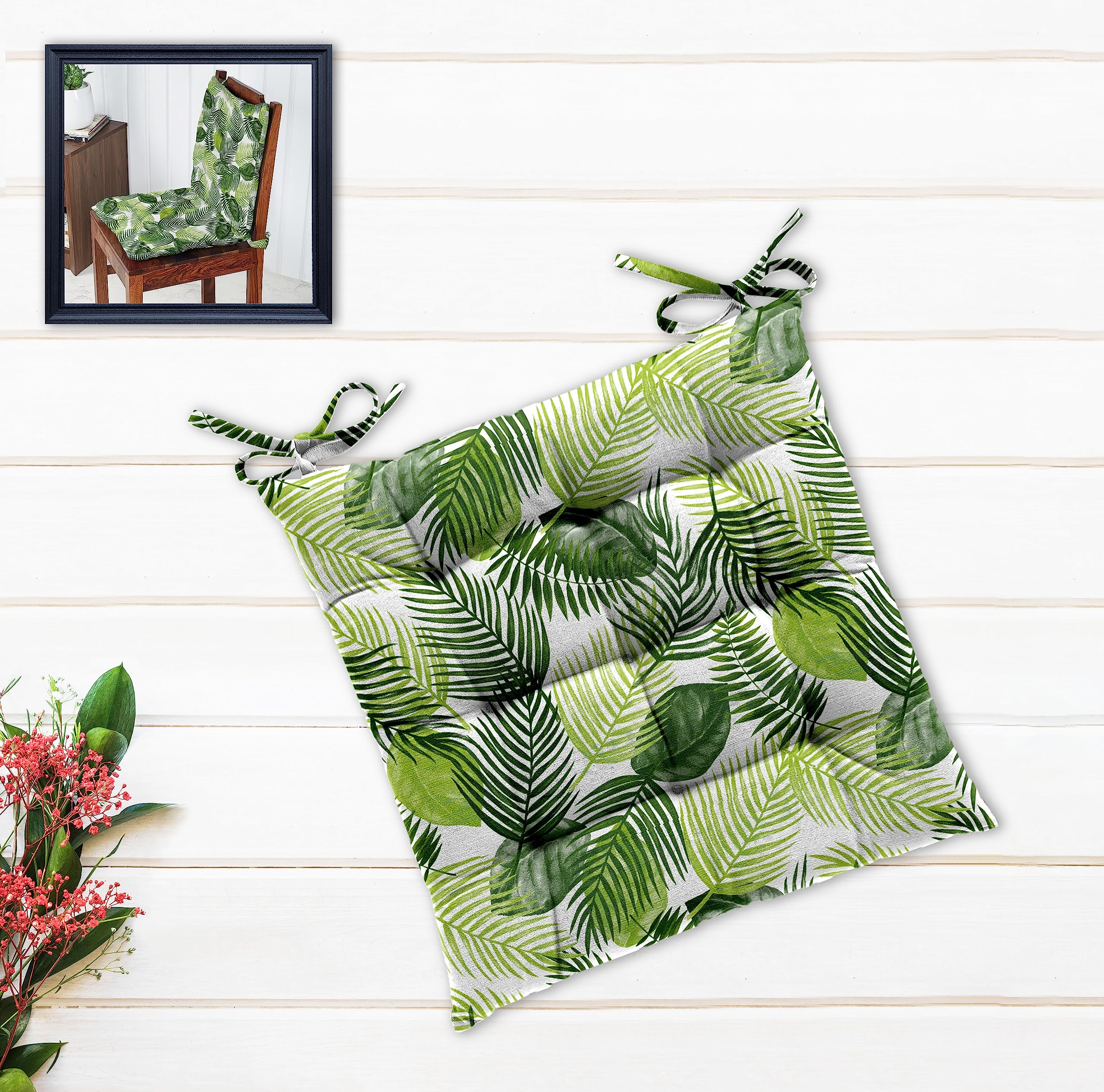 Oasis Home Collection Cotton Shell with Mixed Fiber Filled Printed Chair Cushion - K Green Leaf-picture-16