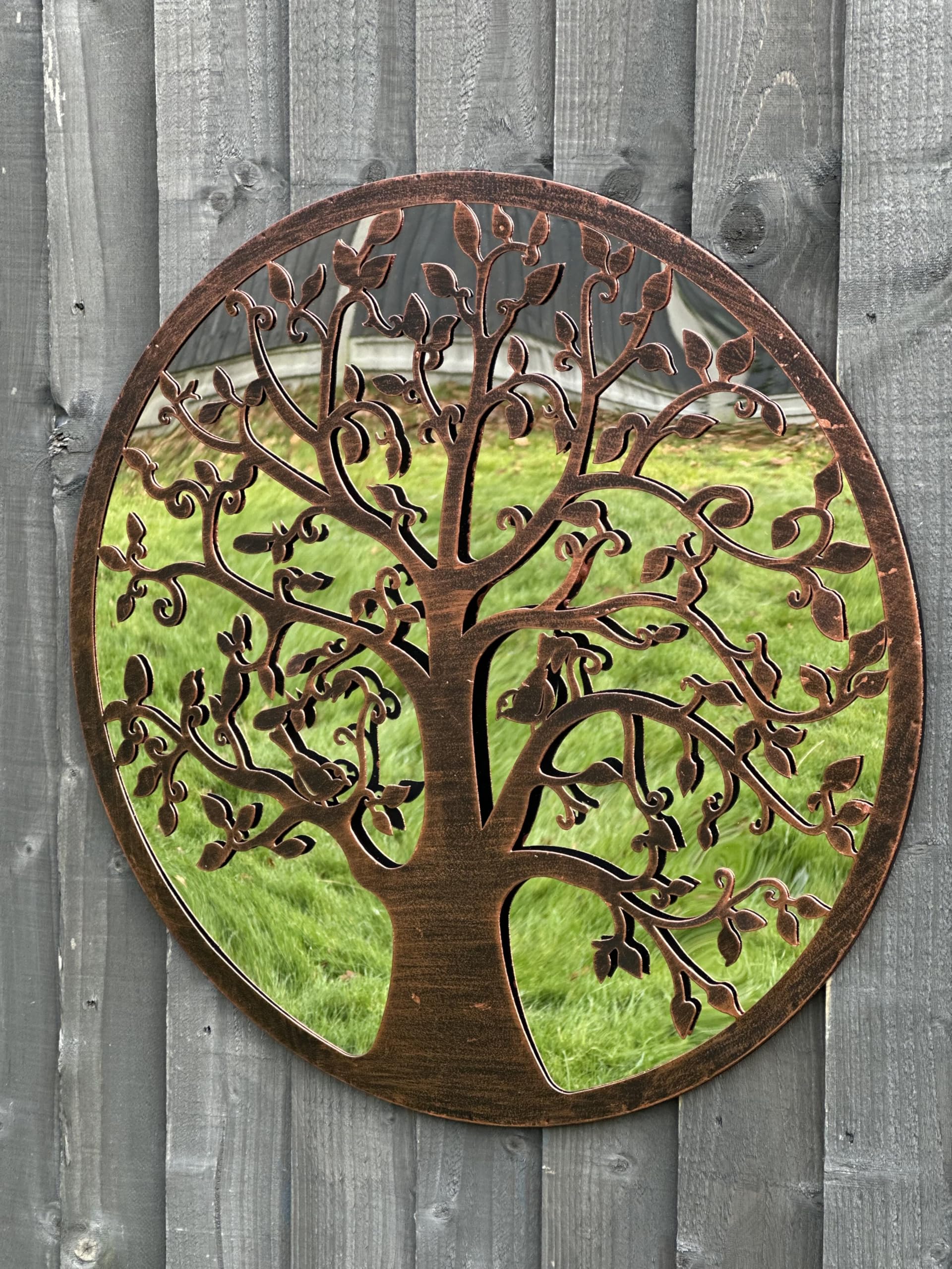 Round Tree of Life Metal Wall Art, Copper-Finish Garden acrylic reflective Mirror, 60cm Diameter