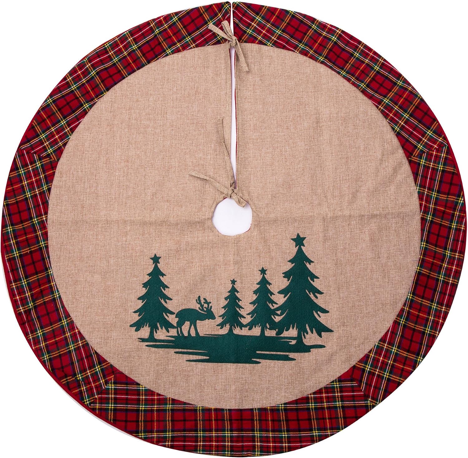 48" Burlap Christmas Tree Skirt with Reindeer Woodland,Country Xmas Tree Decorations Tree Skirts Double Layers Holiday Ornaments with Buffalo Plaid Edges