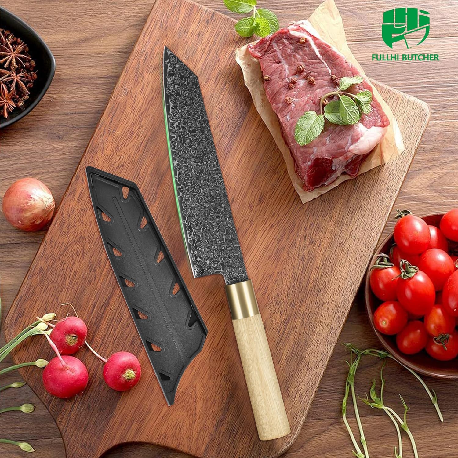 FULLHI Japanese Knife Black Damascus Steel with Sheath, handforged Blade Wood Handle Gyutou sashimi Chef Kitchen Knife with Box for man women gift 7.8inch image 7 of 9 B0DK52BQ5C