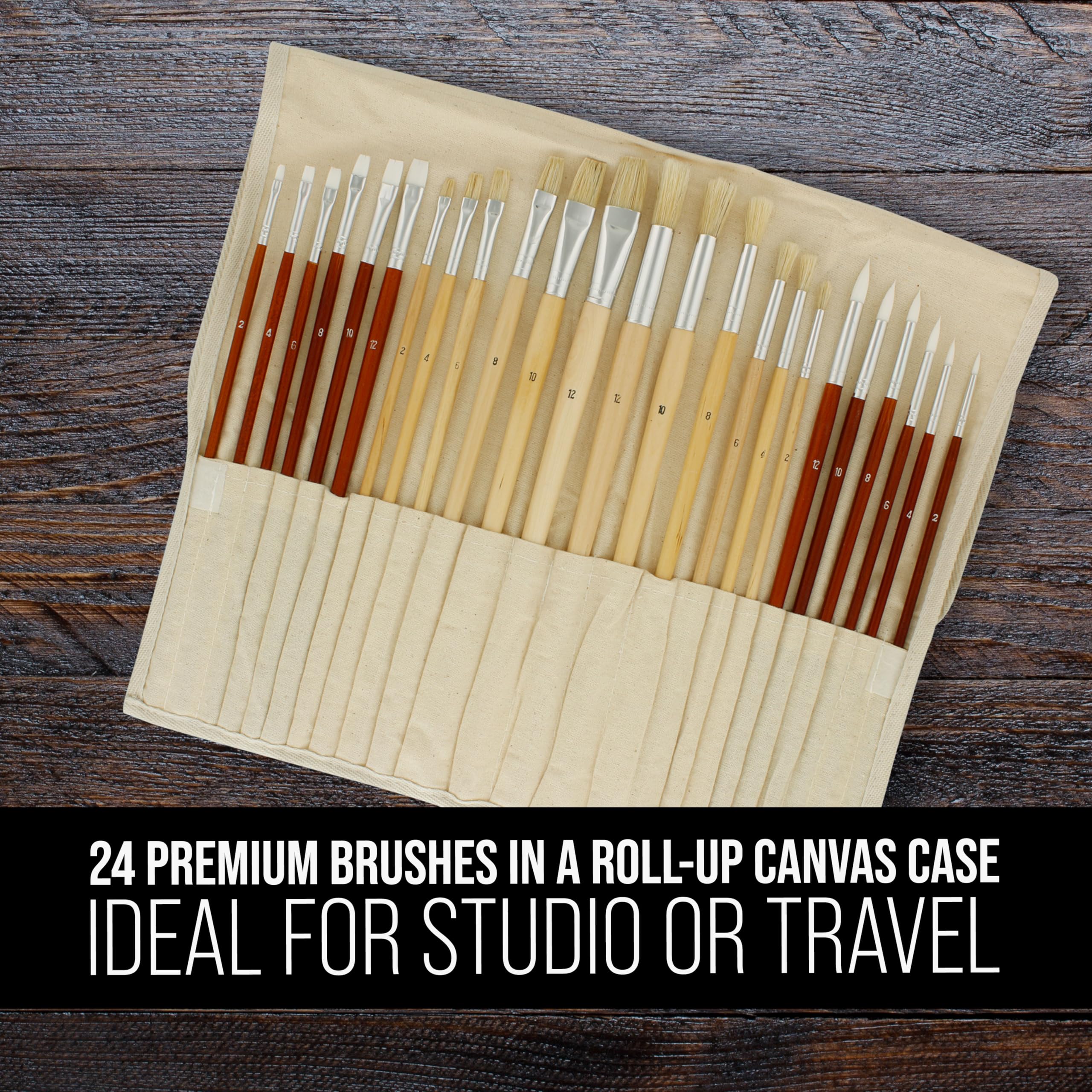 US Art Supply 24 Piece Oil & Acrylic Paint Long Handle Artist Paint Brush Set with Canvas Roll-Up Storage Wrap by US Art Supply