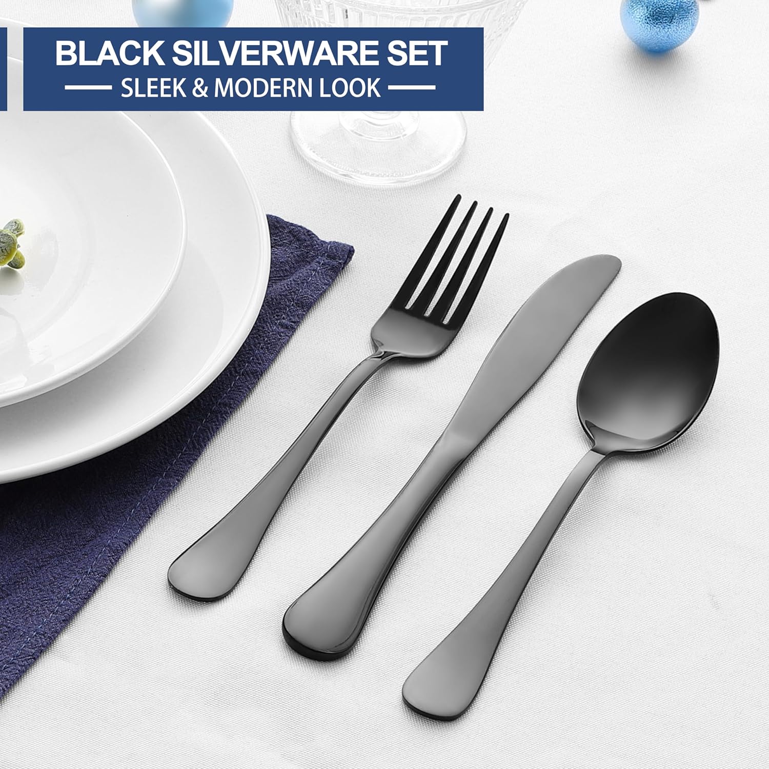 E-far 48-Piece Black Silverware Set with Steak Knives, Black Flatware Cutlery Set for 8, Stainless Steel Tableware Eating Utensils for Kitchen, Mirror Polished & Rust Proof