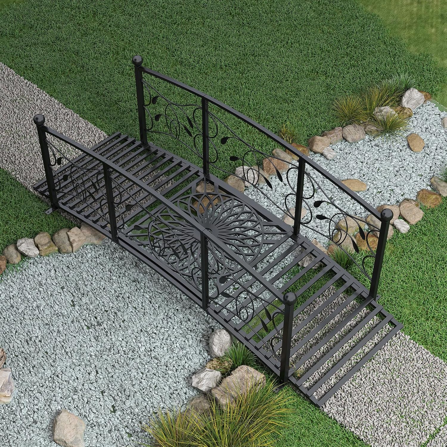 6 Ft Garden Bridge - Metal Footbridge for Outdoors, Safety Side Rails with Fashionable Patterns, Decorative Garden Arch Walkway for Stream, Creek, Pond, Black