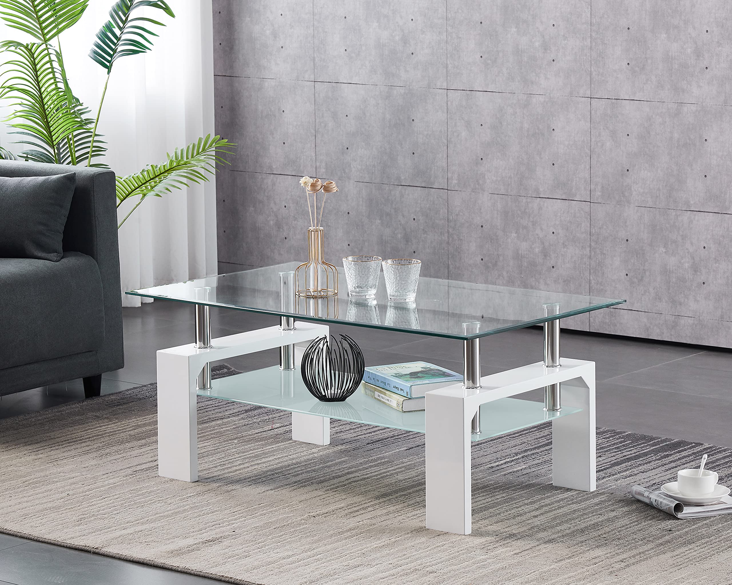 Furnizone COSMO Clear Glass Top with Frosted Glass Shelf & White High Gloss Legs Modern Coffee Table Home Living Room