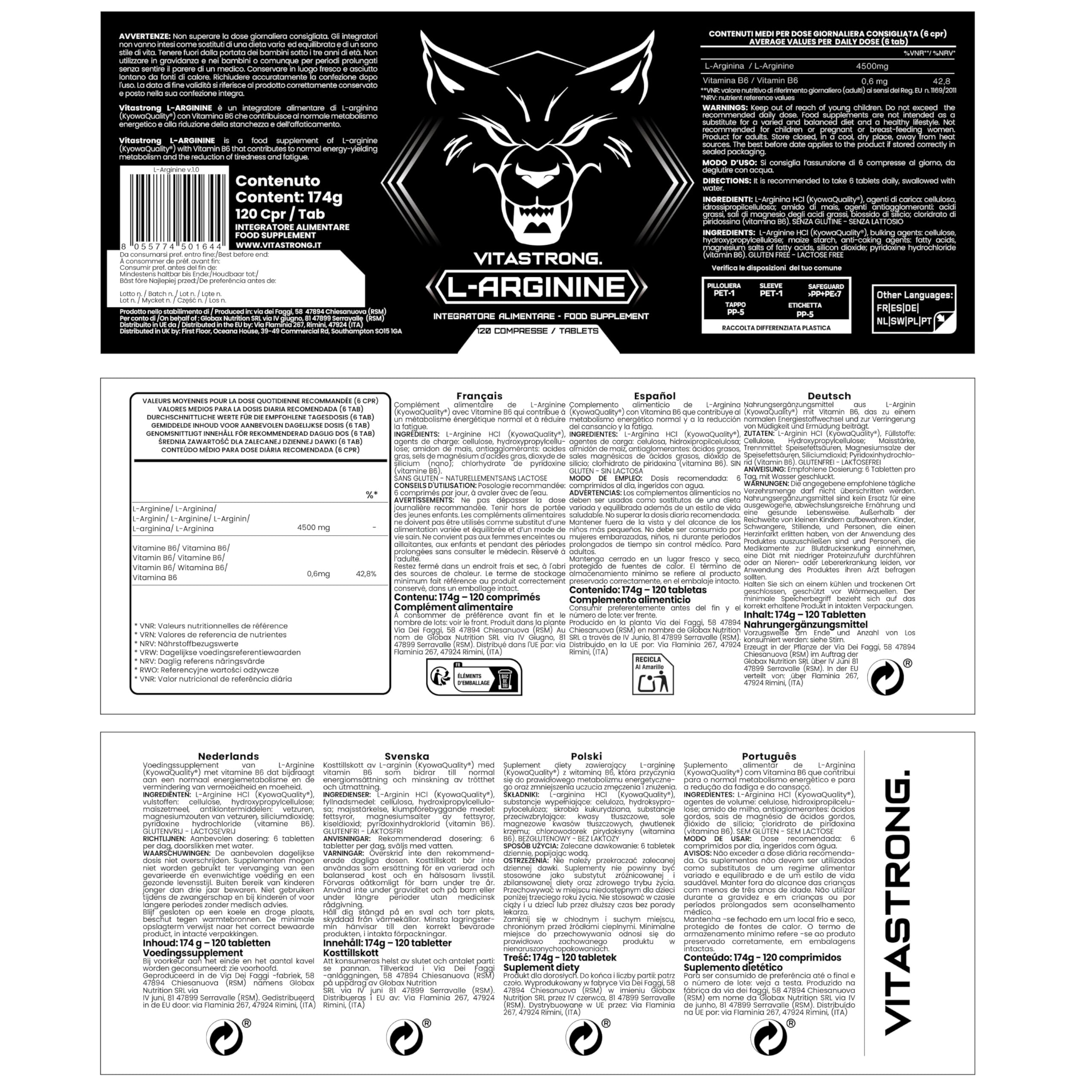 Arginina 4500mg + Vitamina B6 Vitastrong, 120 Compresse di L-Arginina HCL Alto Dosaggio Kyowa Quality, L Arginina Polvere Pura con Vit B6, Integratore Pre Workout Post Workout Senza Glutine né OGM