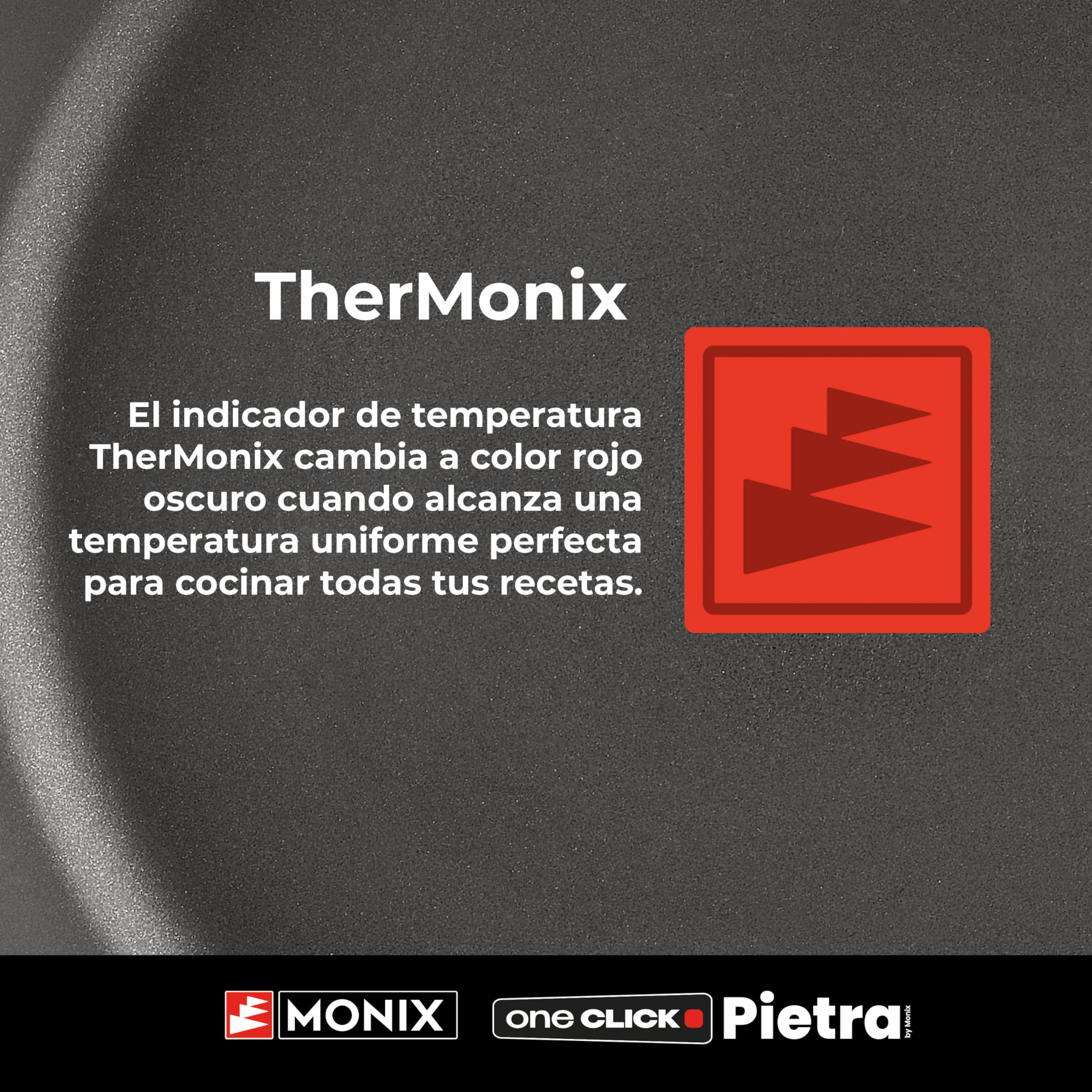 Monix One Click Pietra | Set 3 sartenes apilables, 20-24-26 cm, Antiadherentes, Mango desmontable, Indicador Temperatura Thermonix, Sin PFOA, Apta para todo tipo de Cocinas