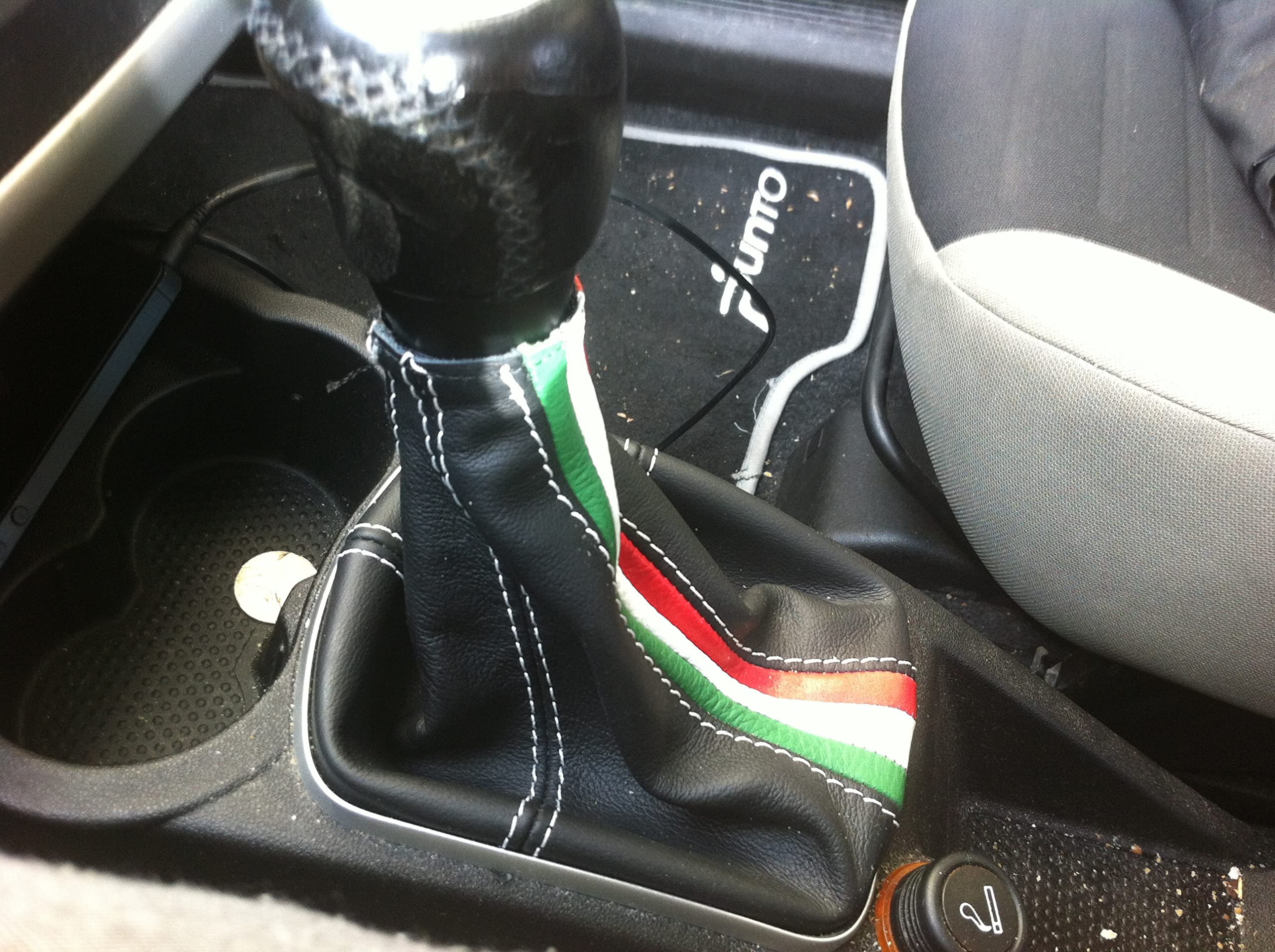 cuffia cambio compatibile Grande Punto Evo vera pelle nera + tricolore cuciture grigie