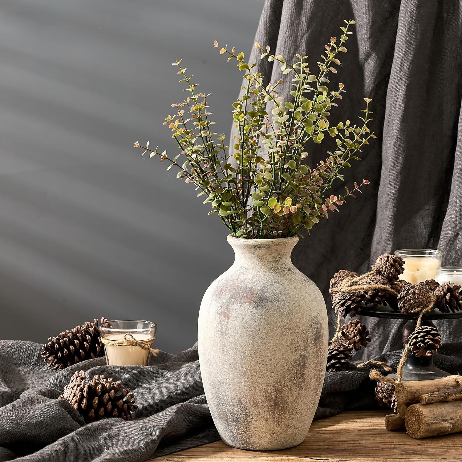 Large Ceramic Rustic Flower Vase, 10.43 Inch Tall Vintage Pottery Home Decor, Antique Farmhouse Terracotta Vase for Living Room, Table, Shelf, Mantel Decoration, Farmhouse - Natural Brown - Image 4