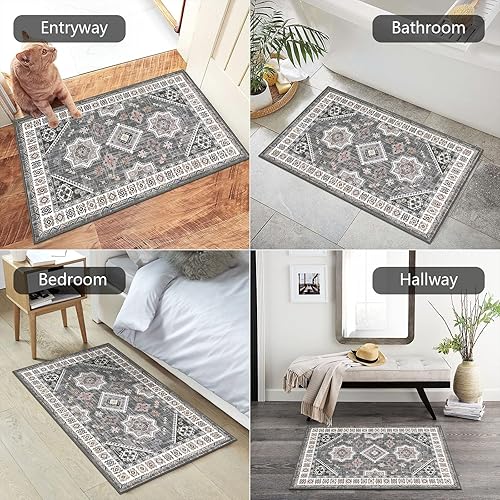 Miniatura 5 de HEBE - Alfombra lavable de 2 x 3, alfombra de entrada, suave, envejecida, alfombra de área pequeña, antideslizante, alfombra bohemia para