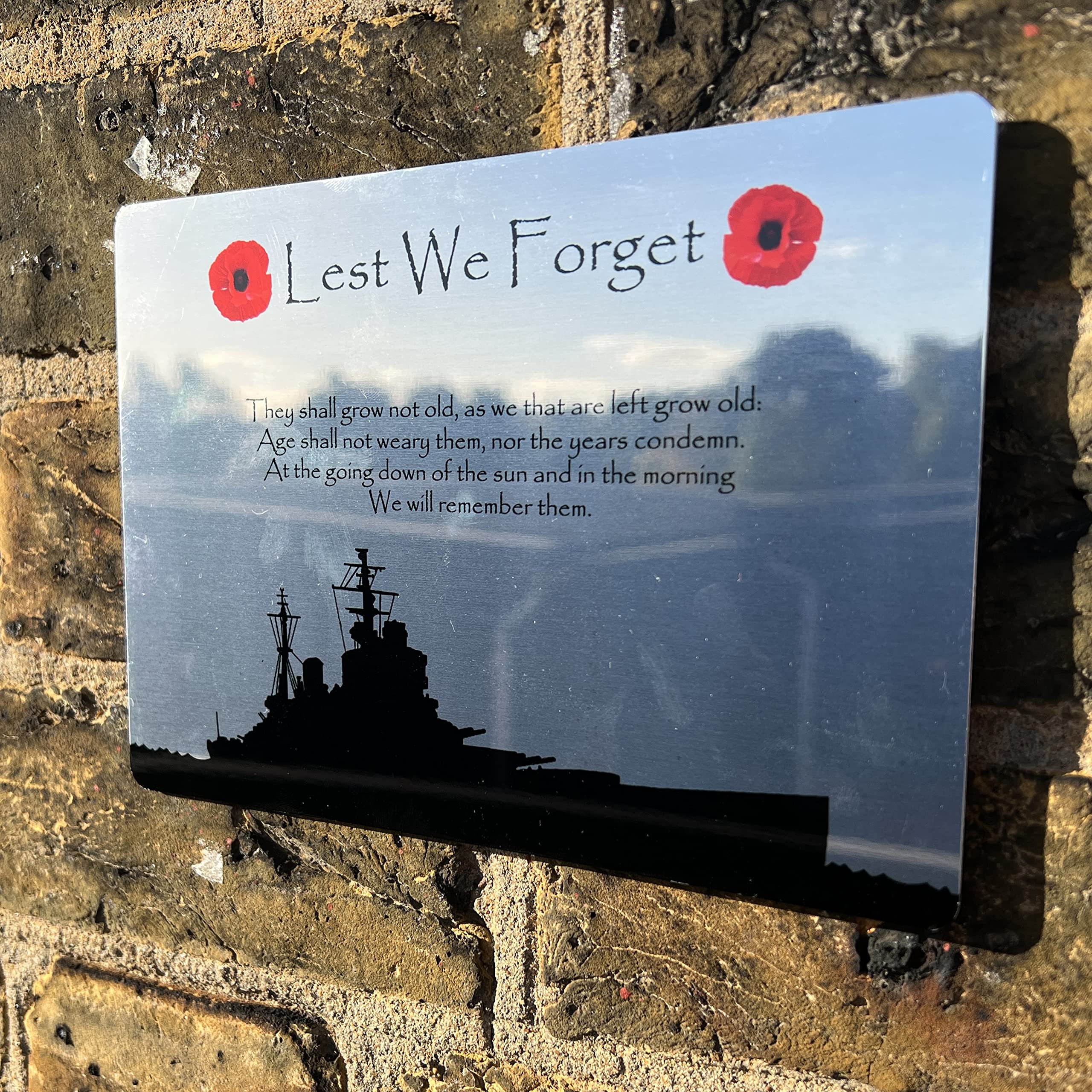 ShopQuality4U Navy Battleship Military Poppy Lest We Forget Printed on Mirror Finish Metal Aluminium Plaque, Various Size