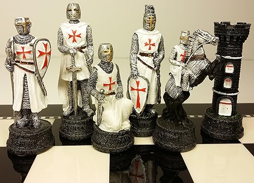 Miniatura 3 de Medieval Times Crusades - Juego de ajedrez blanco y azul pintado a mano con tablero brillante blanco y negro