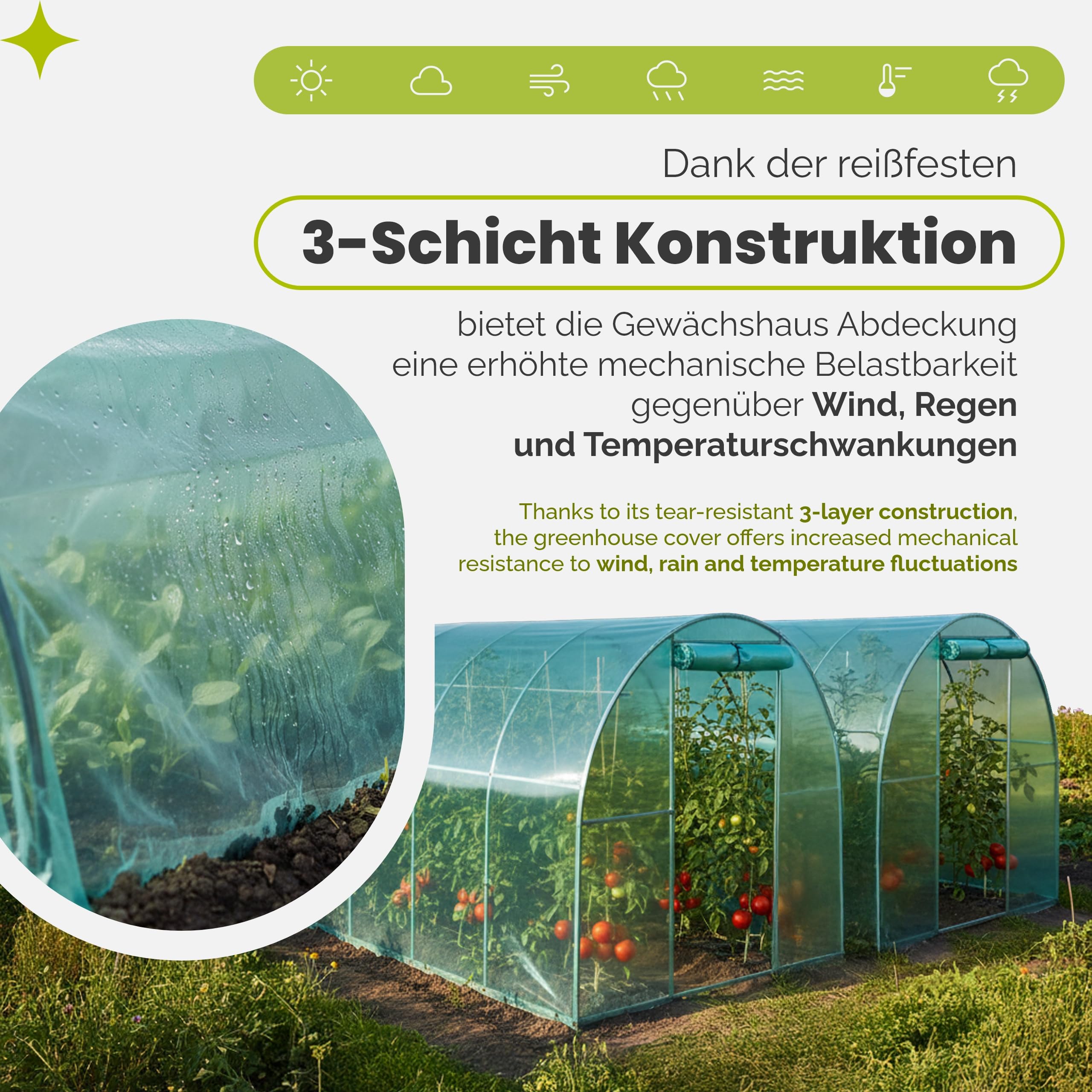 Garronda Gewächshausfolie 6x3 m (Länge x Breite) 3-Schichtig UV Stabilisiert Reißfeste Folie für Gewächshaus Tunnelfolie Folientunnel und Treibhaus Abdeckfolie für Garten GD-0198 Grün