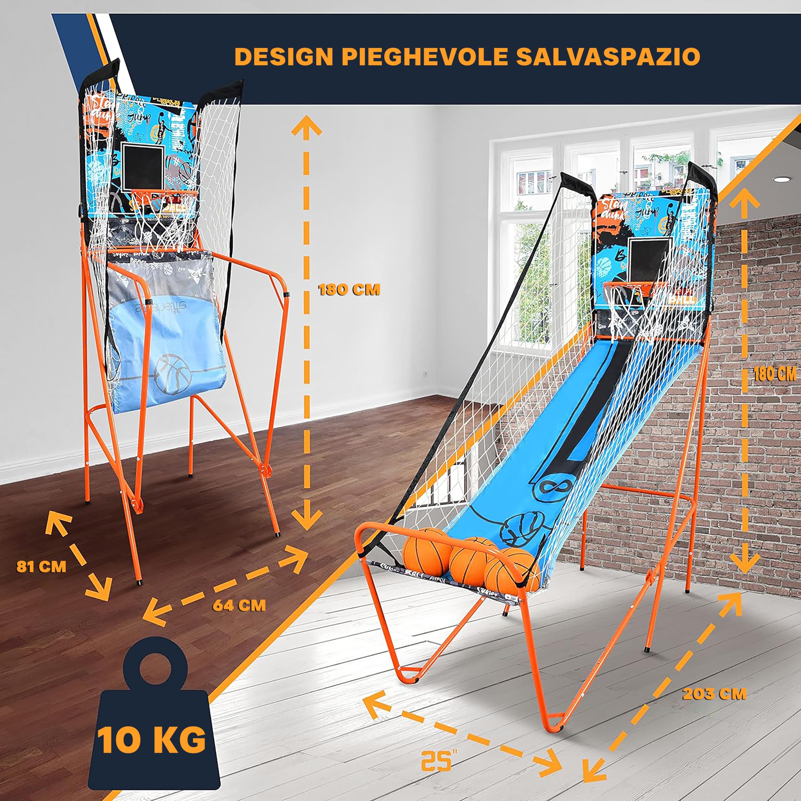 SereneLife Canestro Basket Esterno e Interno, Canestro da Basket Singolo Tiro con Opzione Audio, Grande Segnapunti LED, Blu