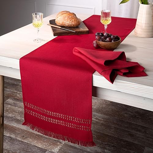 Miniatura 3 de D'Moksha - Camino de mesa rojo de 120 pulgadas de largo, de lino, camino de mesa de Navidad para el otoño, Acción de Gracias, tela reciclada pesada,