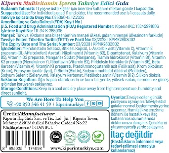 Kiperin Multivitamin Kapsül | 13 Vitamin ve 6 Mineral Kompleksi | C, D3, B Vitamini, Biotin ve E Vitamini | Bağışıklık, Enerji ve Cilt Desteği | Kilo Aldırmaz | Yetişkinler ve 11+ Yaş İçin