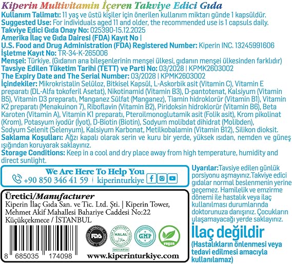 Kiperin Multivitamin Kapsül | 13 Vitamin ve 6 Mineral Kompleksi | C, D3, B Vitamini, Biotin ve E Vitamini | Bağışıklık, Enerji ve Cilt Desteği | Kilo Aldırmaz | Yetişkinler ve 11+ Yaş İçin
