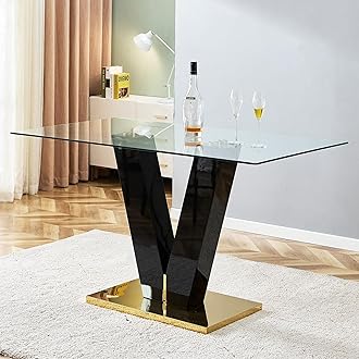 Modern Glass Bar Dining Table for 4 6, Rectangular Glass Kitchen Table with 0.39" Tempered Glass Tabletop and V-Shaped Pedestal Glass Dining Room Table for Kitchen Dining Room (Black10)